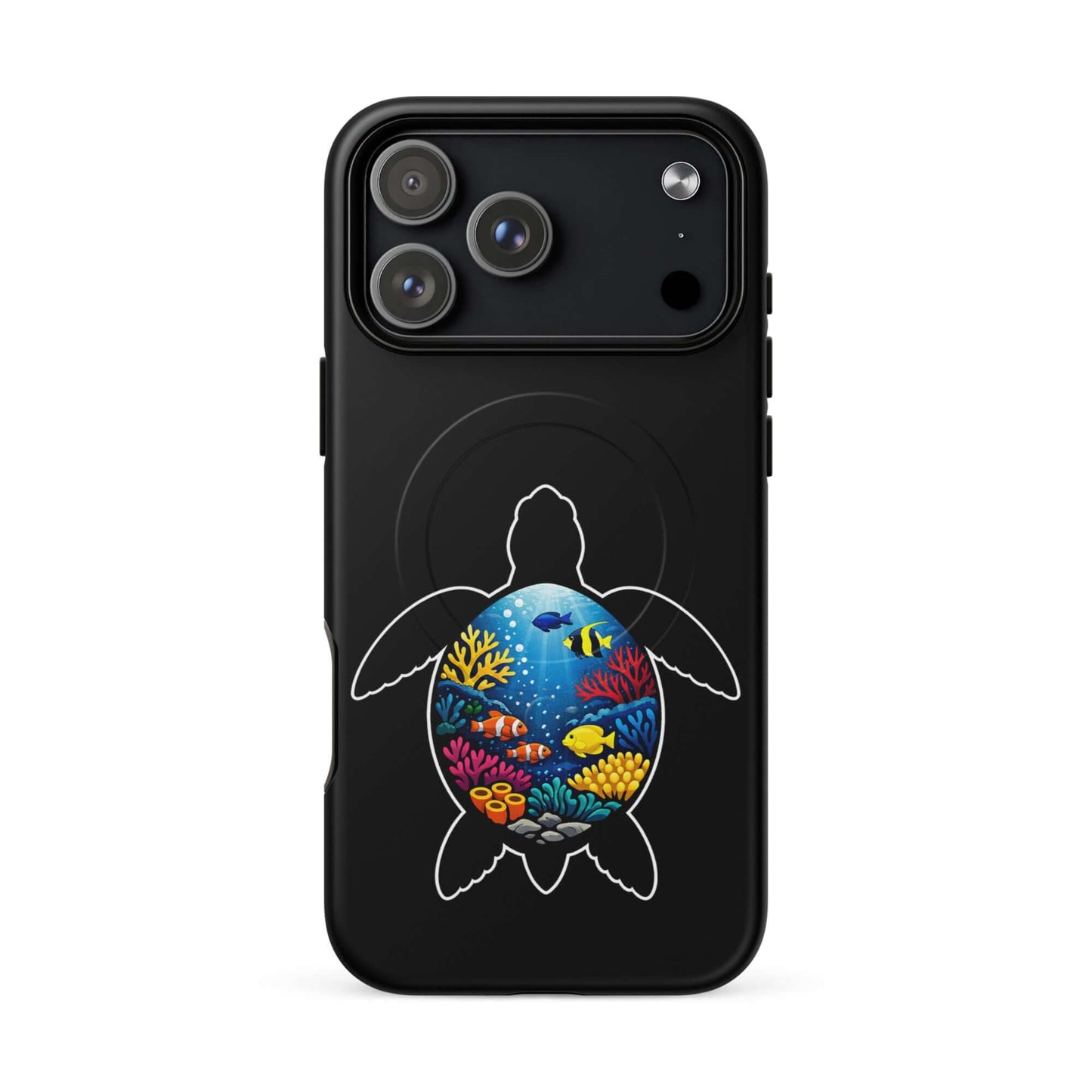 Magnetic Phone Case featuring a vibrant sea turtle reef design with colorful ocean life illustration.
