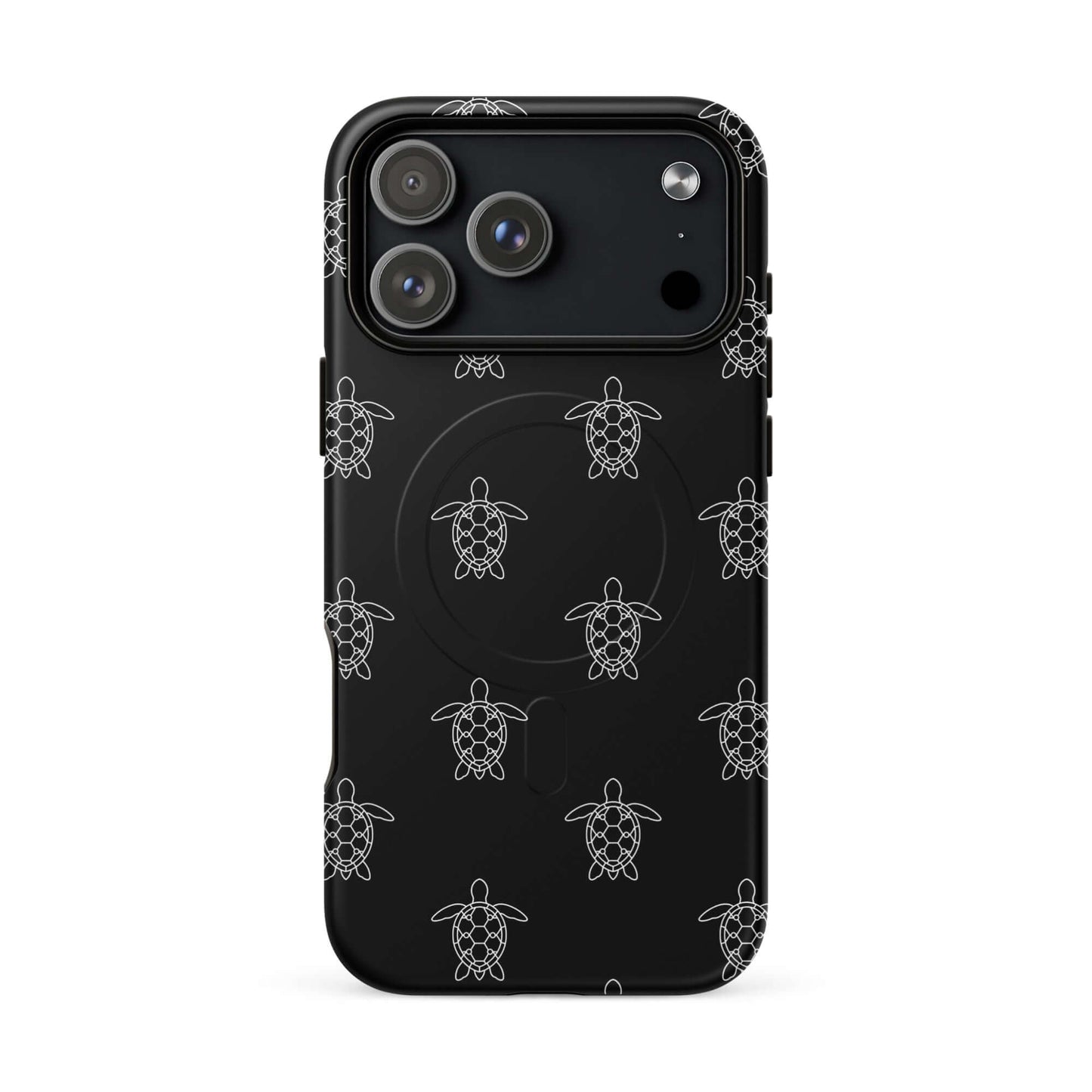 Magnetic Phone Case with minimalist sea turtle pattern in white on black background, modern geometric design.