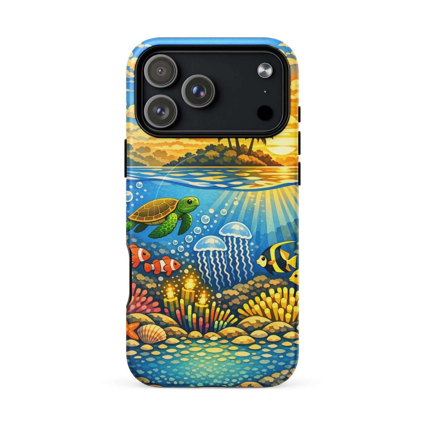 Magnetic Phone Case for iPhone featuring a tropical sunset and underwater reef with sea turtles and colorful fish.
