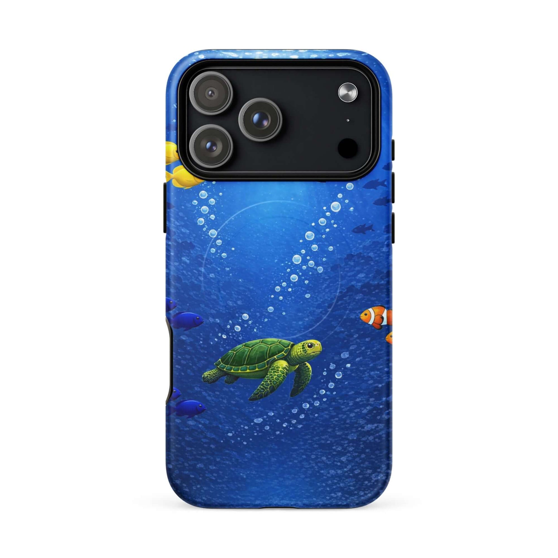 Magnetic Phone Case featuring a vibrant sea turtle and tropical fish design in deep blue ocean.