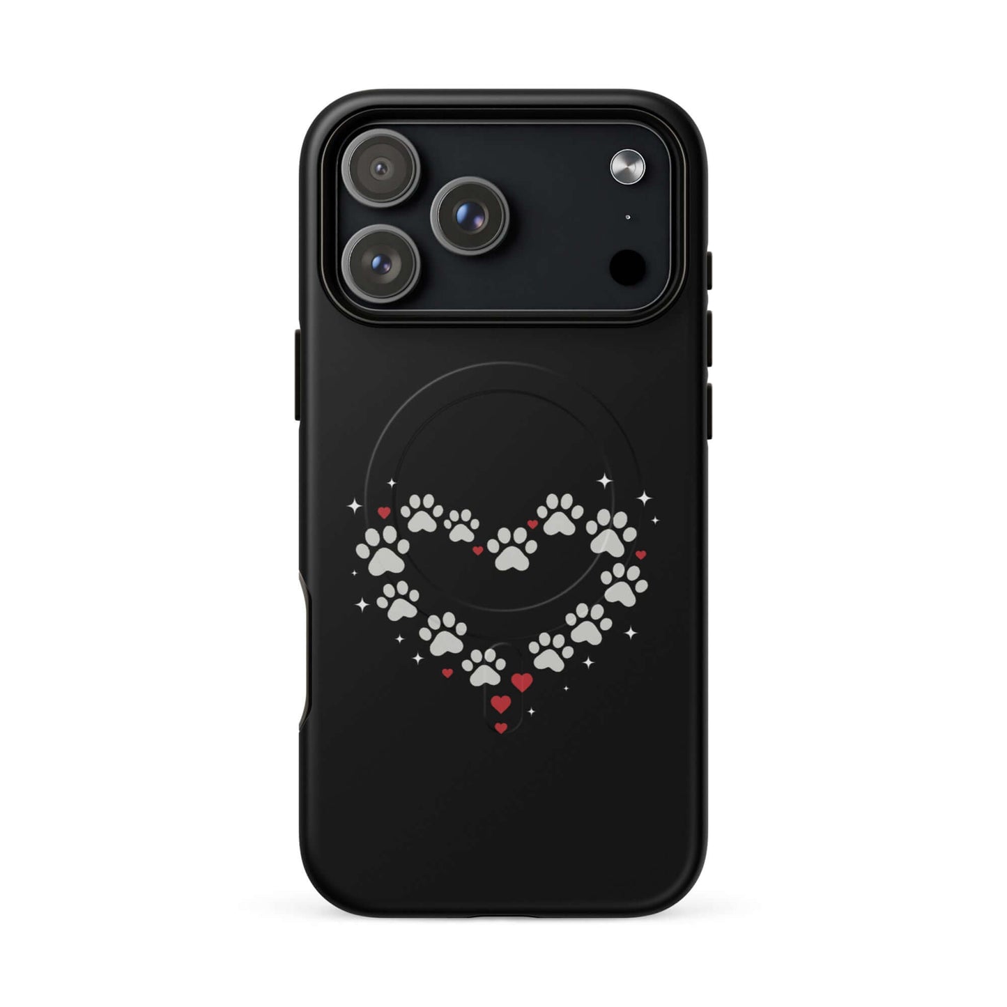 Magnetic Phone Case for iPhone featuring a paw-print heart design on a black background.