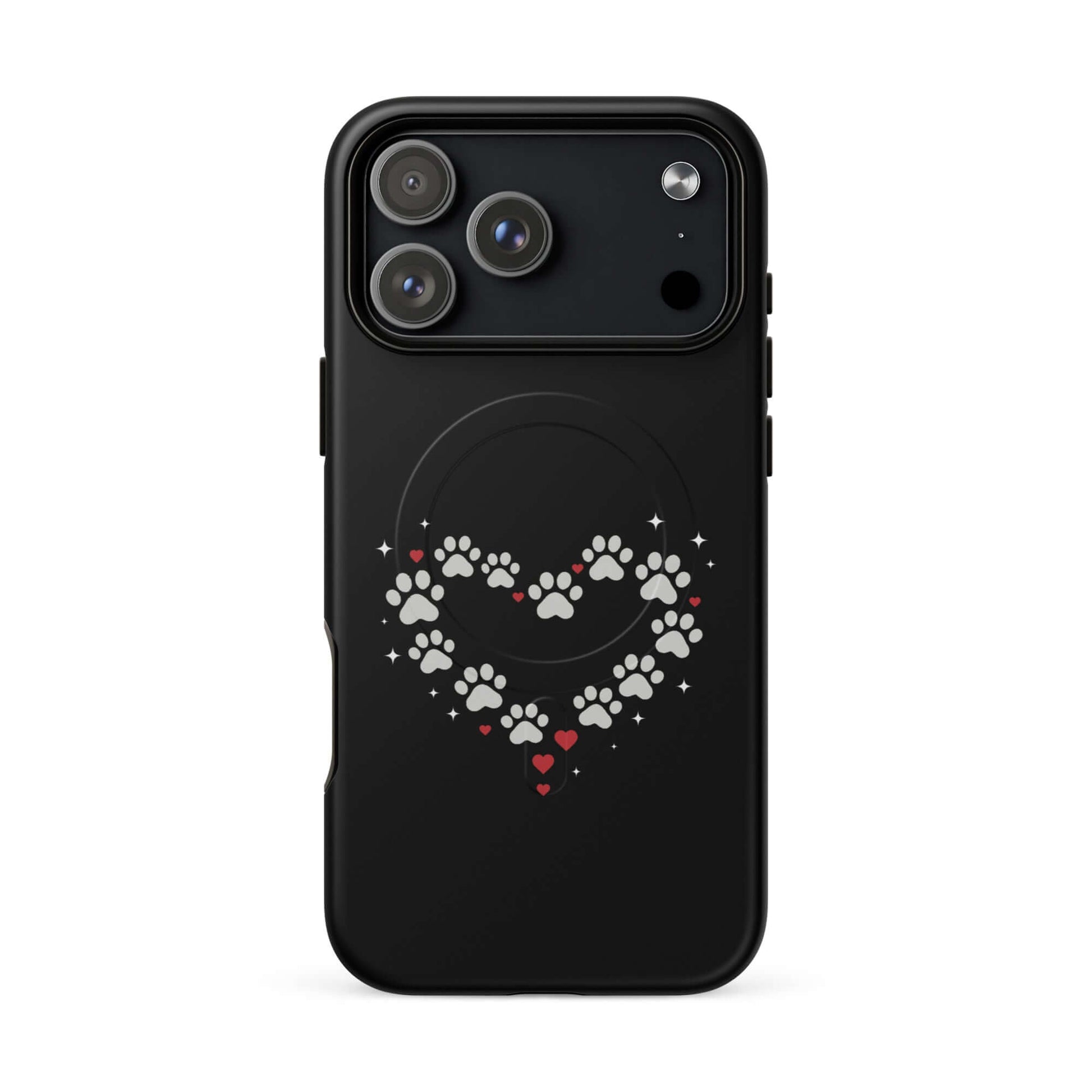 Magnetic Phone Case for iPhone featuring a paw-print heart design on a black background.