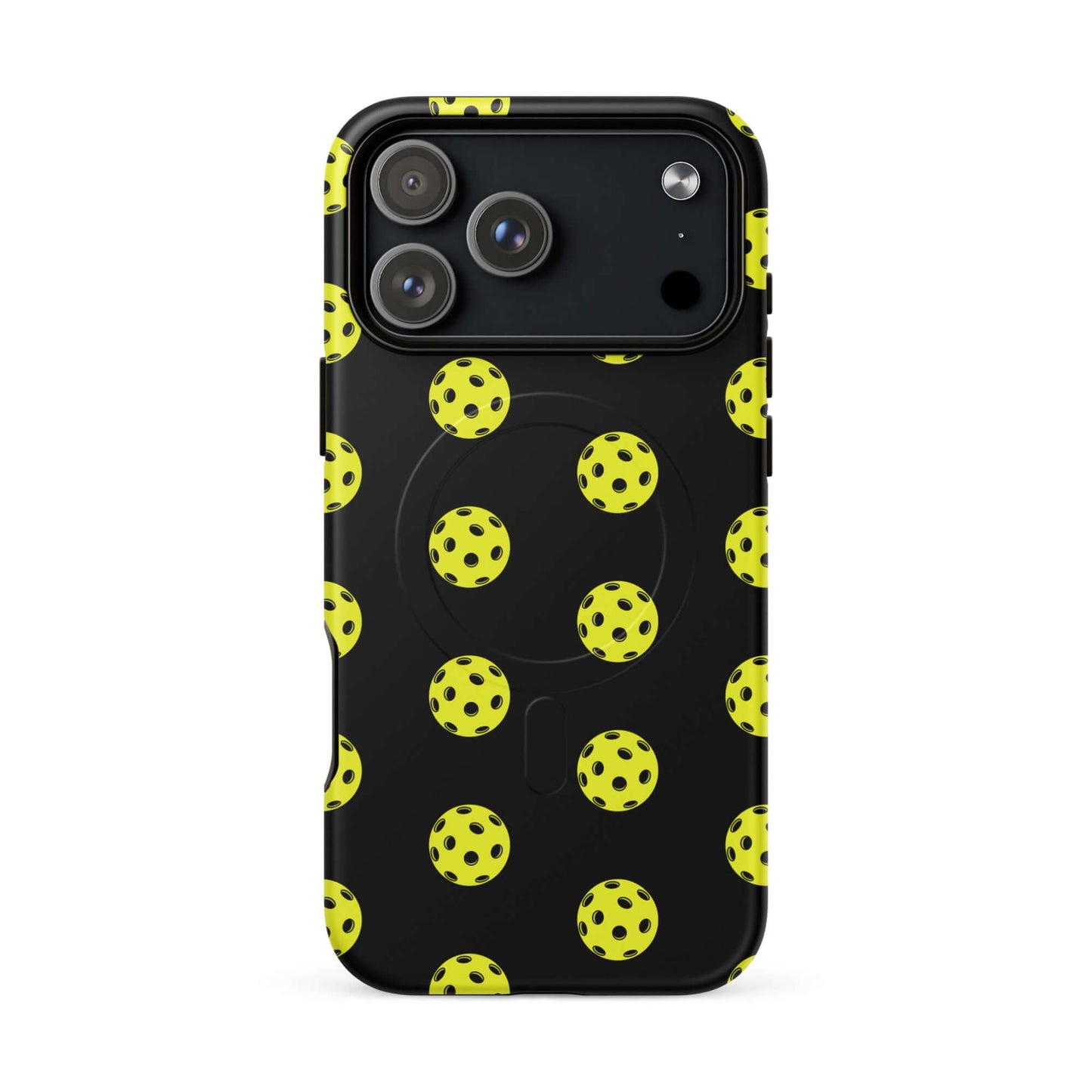 Magnetic Phone Case with playful pickleball pattern on black background for sporty style.