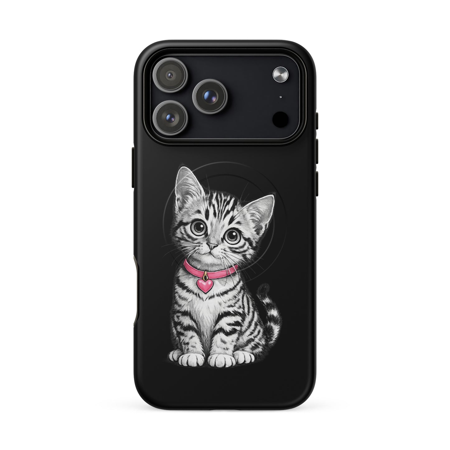 Magnetic Phone Case with kitten design, featuring a pink collar and heart charm on iPhone case