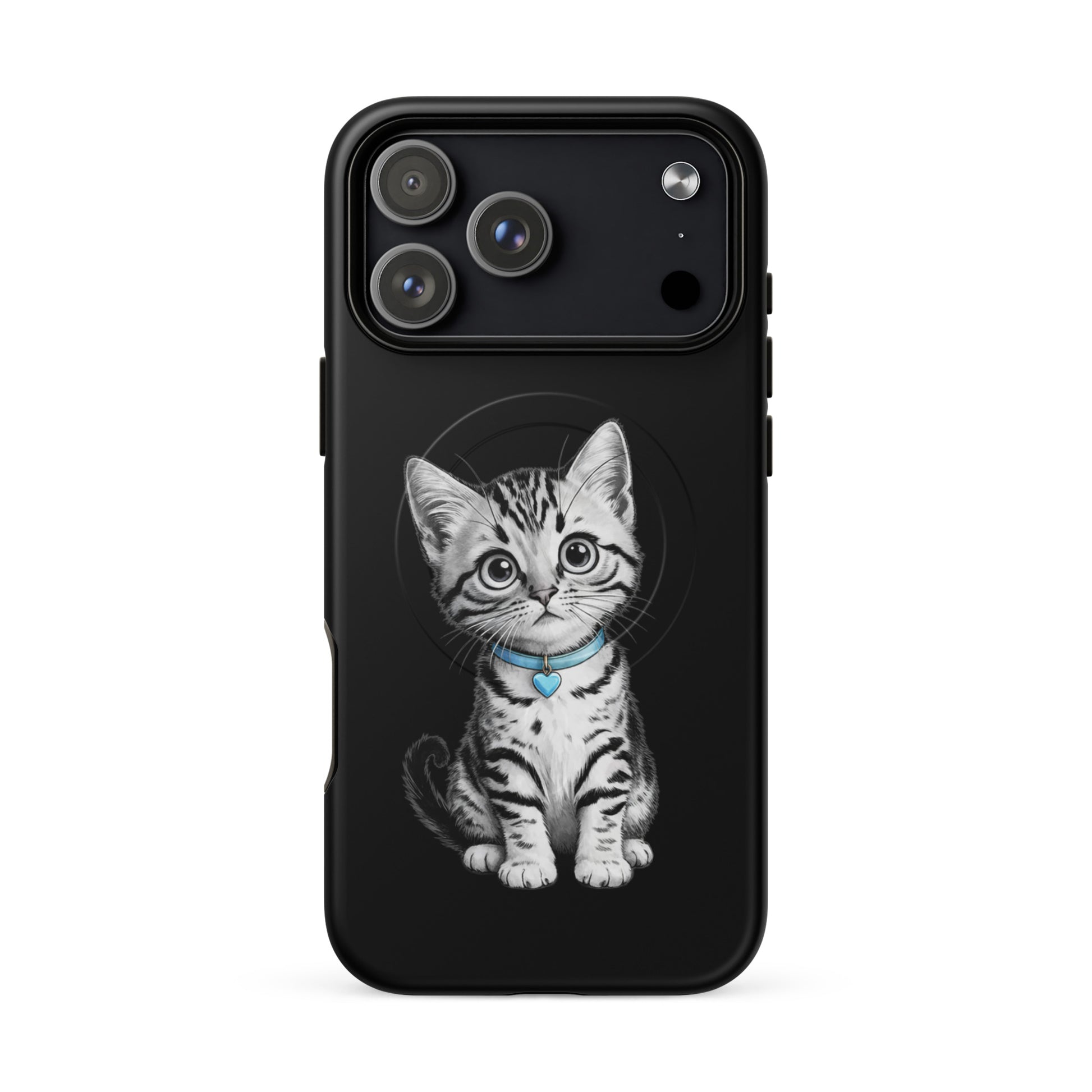 Magnetic Phone Case featuring kitten with blue collar and heart charm design, adds artistic charm and protection to your iPhone.