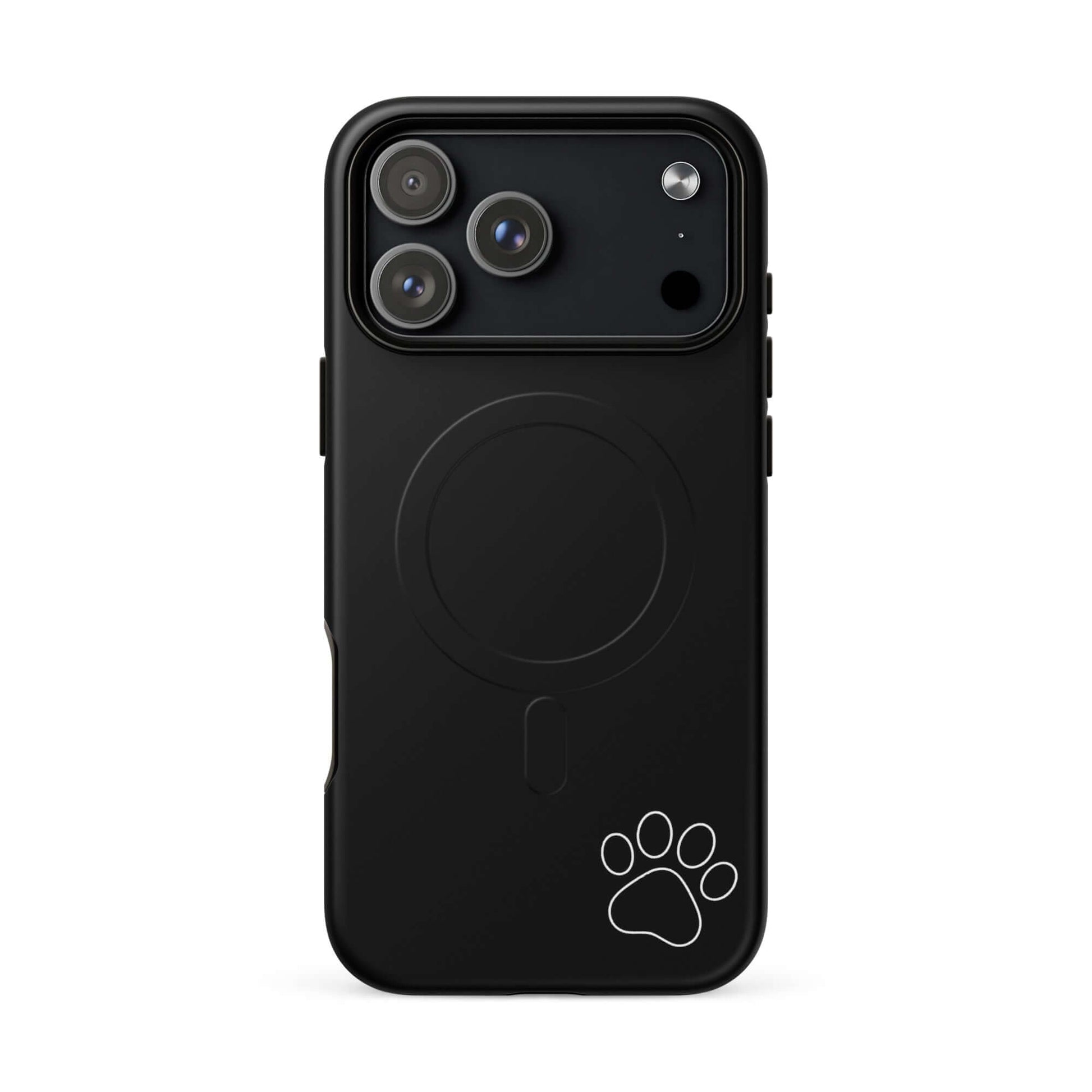 Magnetic Phone case for iPhone with black tough exterior and white paw print design.