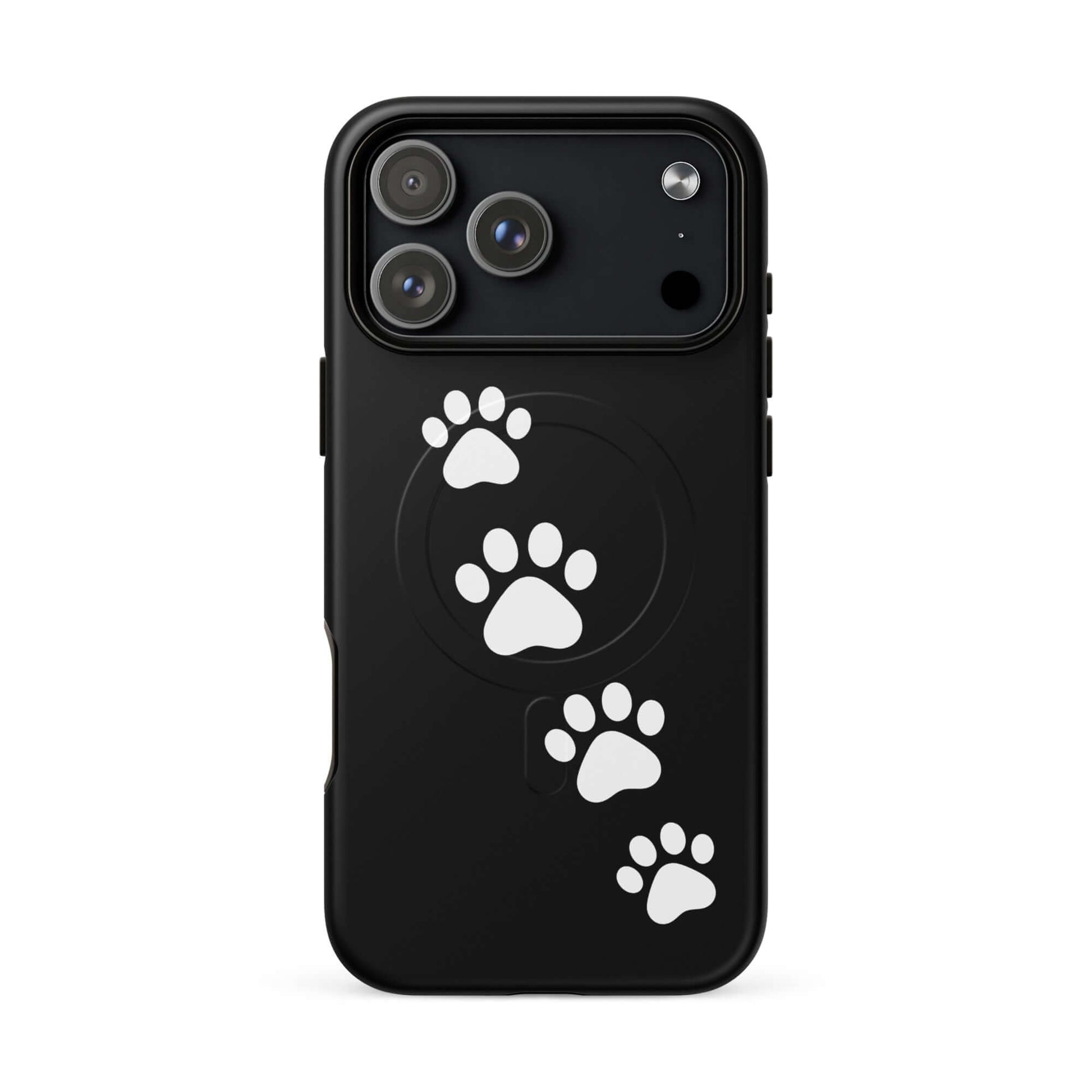 Magnetic Phone Case with white paw-print design on sleek black background for pet lovers.