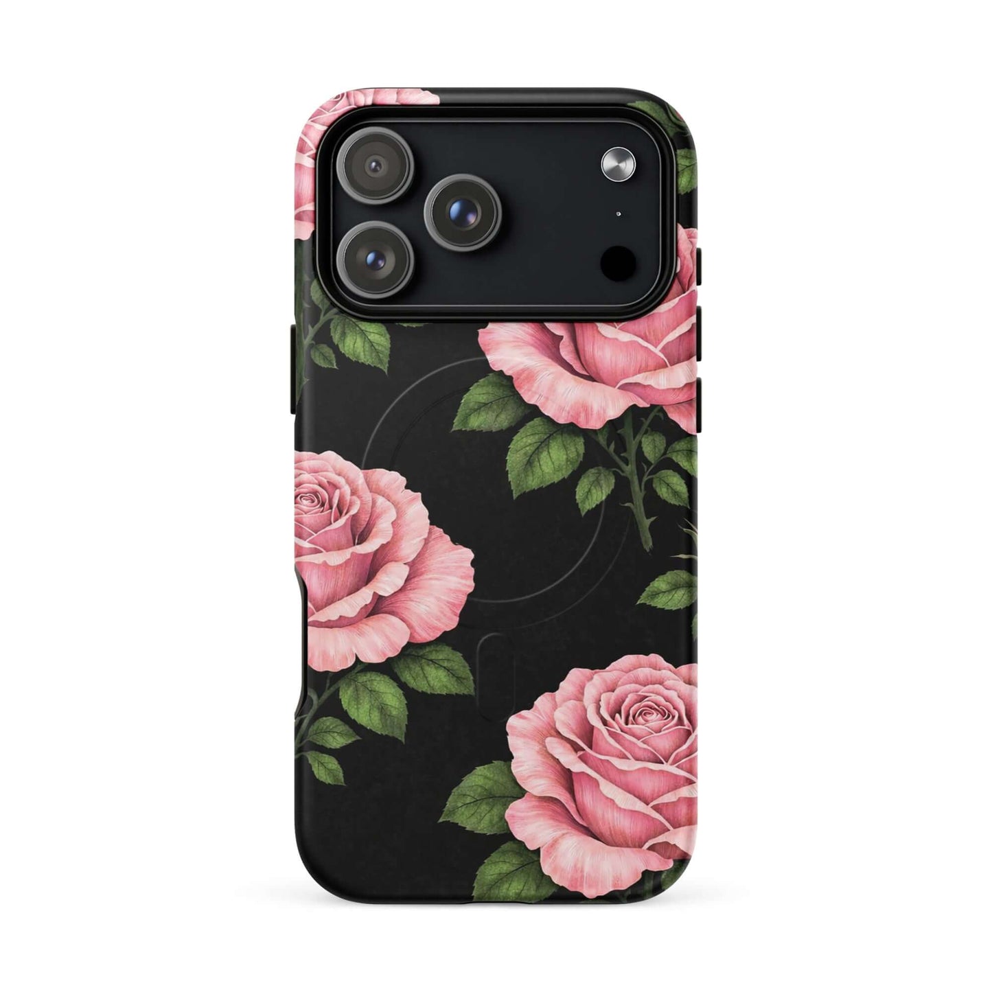 Magnetic Phone Case featuring pink rose garden design on black background for iPhone, elegant and charming floral pattern.