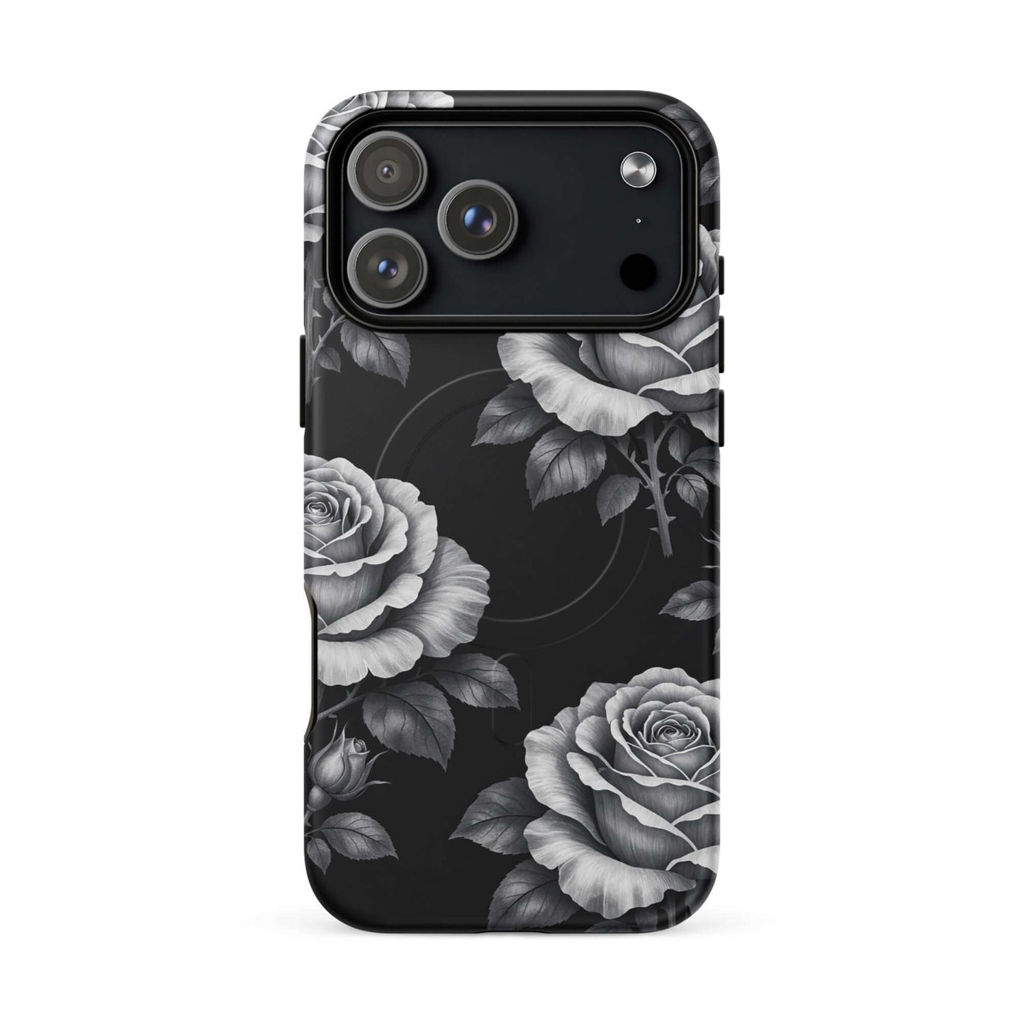 Magnetic Phone Case with rose garden design for iPhone, featuring black background with floral charm and hand-sketched roses.