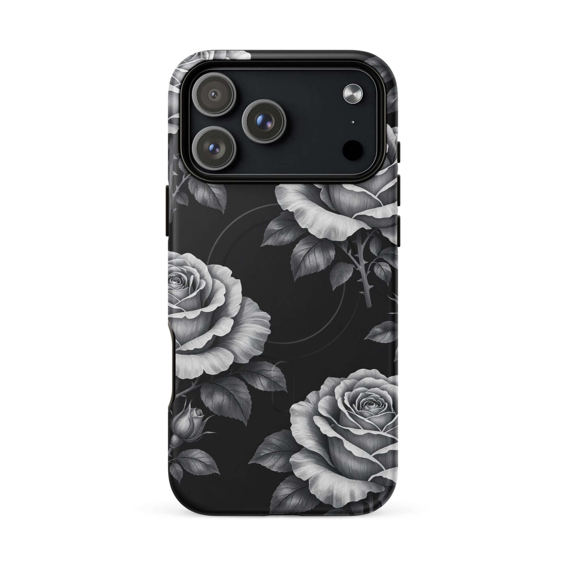 Magnetic Phone Case with rose garden design for iPhone, featuring black background with floral charm and hand-sketched roses.