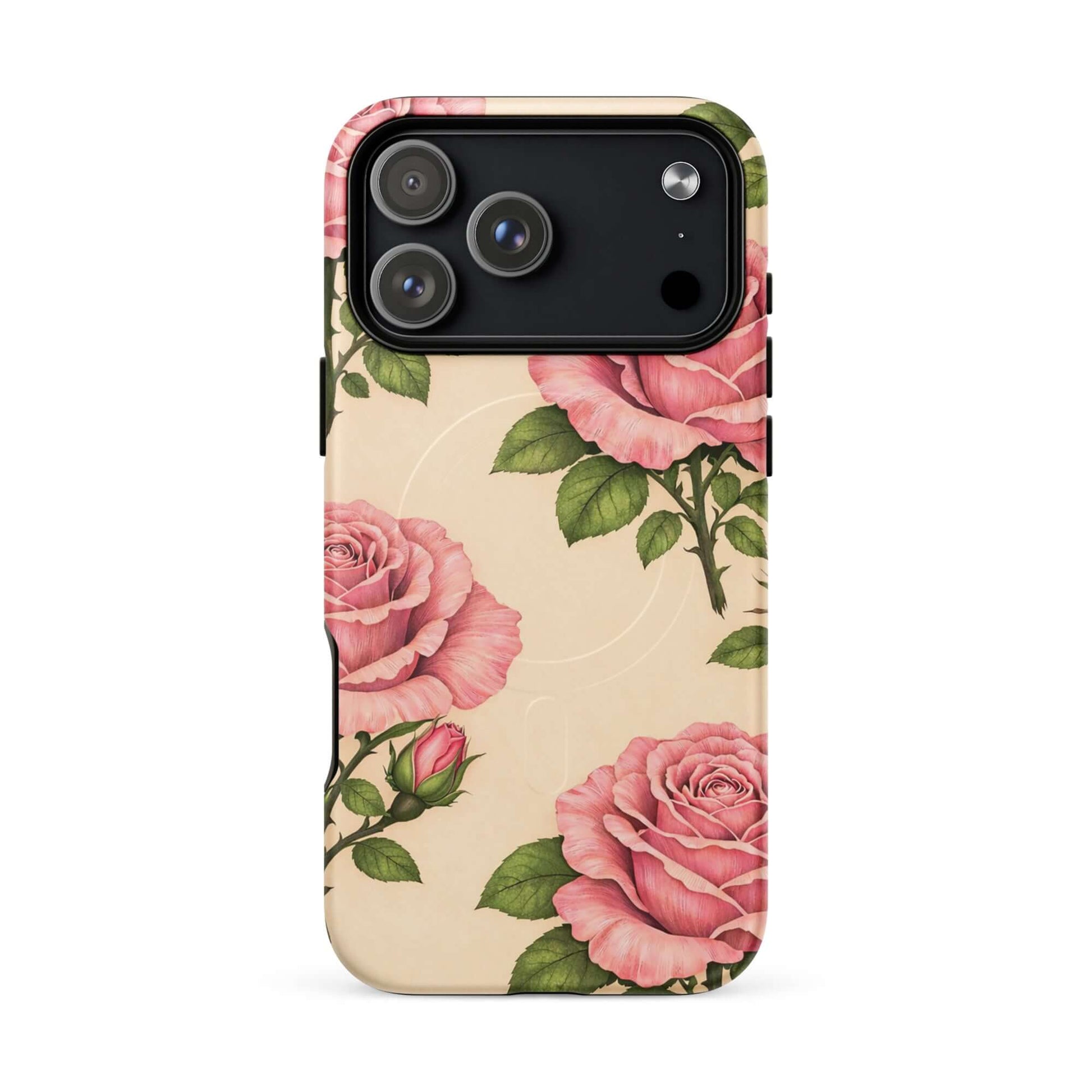 Magnetic Phone Case with pink rose and warm cream design for iPhone