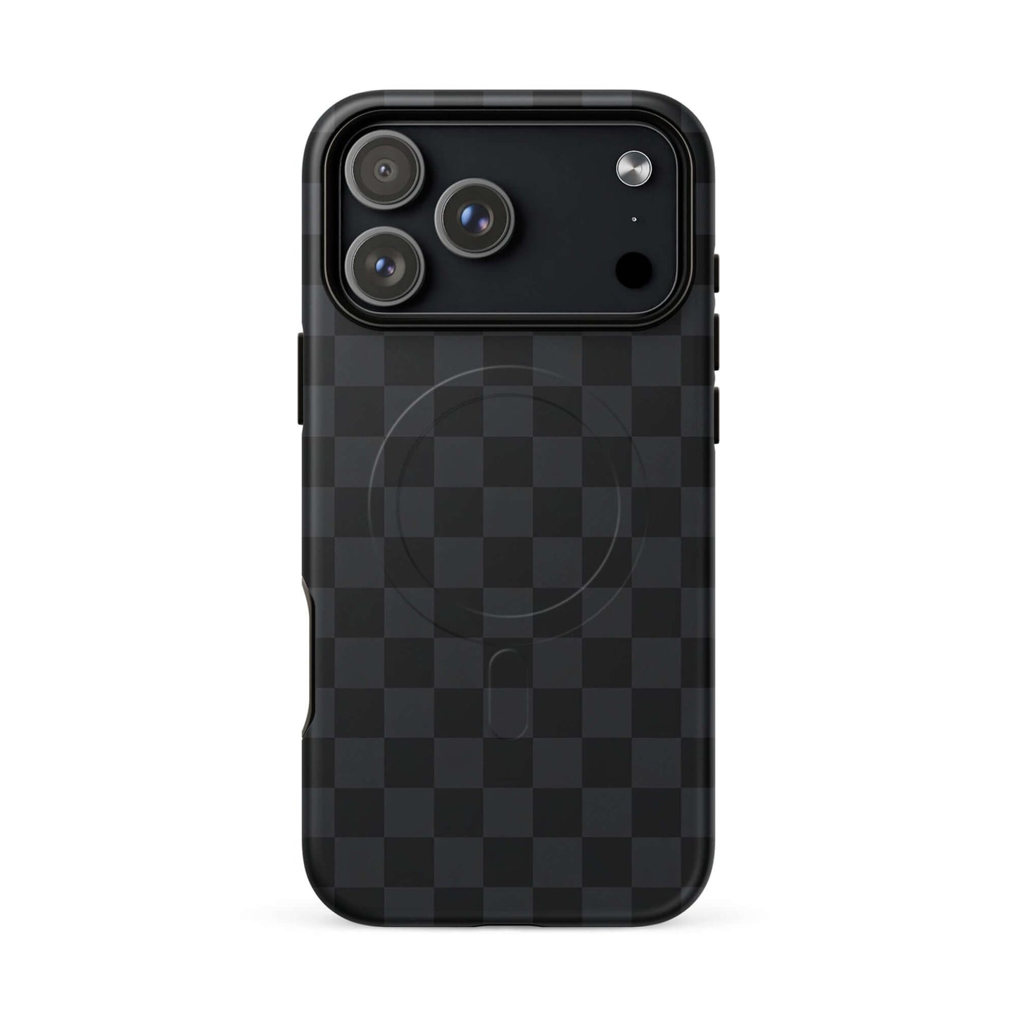 Magnetic Phone Case for iPhone with black and charcoal checkered design, sleek and modern, offering protection and style.