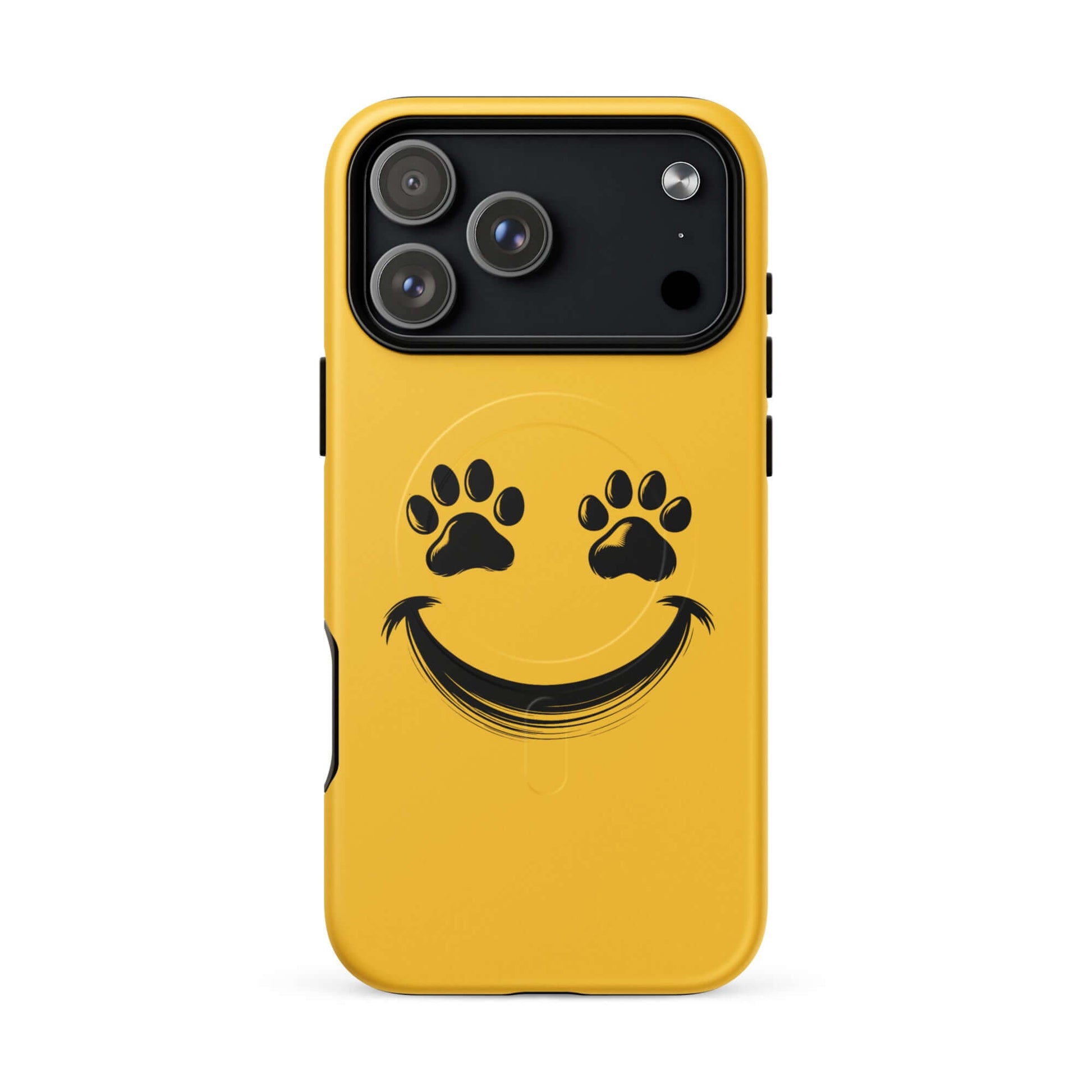 Magnetic Phone Case for iPhone featuring a yellow smiley face with paw print eyes, perfect for playful pet lovers and animal enthusiasts.