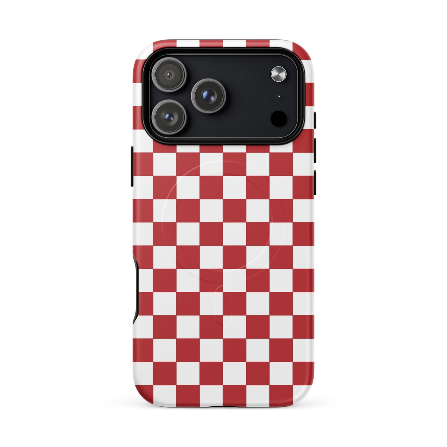 Crimson red checkered Magnetic Phone Case for iPhone showcasing bold and playful design.