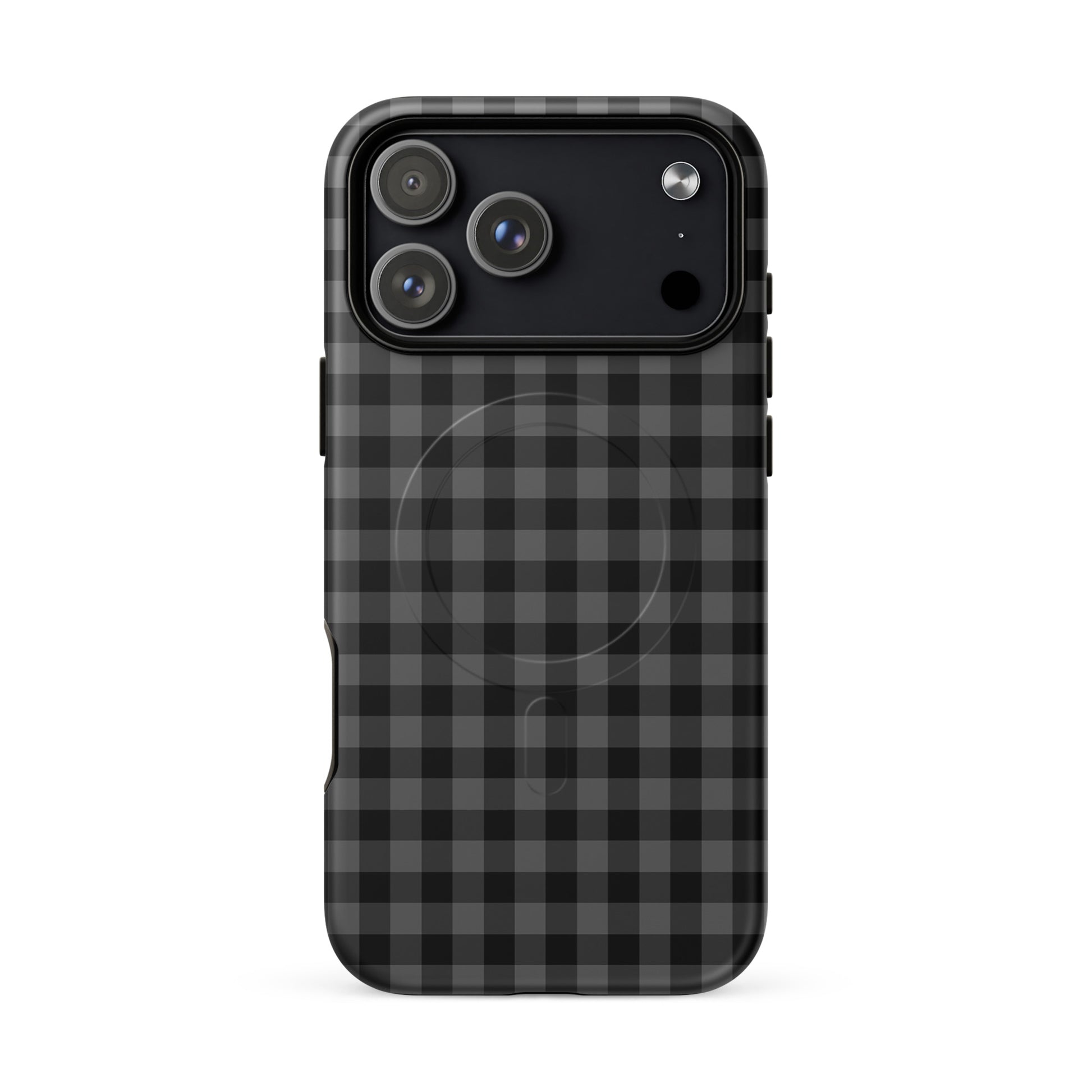 Magnetic Phone Case with black-and-charcoal gingham pattern for iPhone, offering chic design and durable protection.