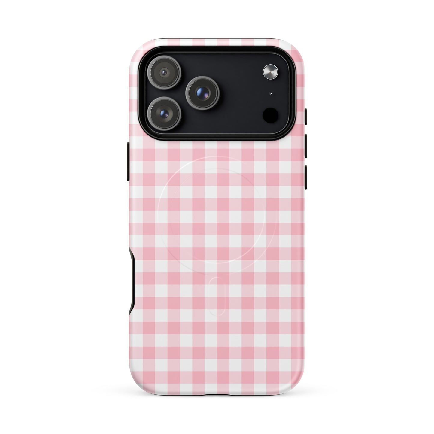 Magnetic Phone Case with pink gingham pattern for iPhone, combines stylish design with superior protection and magnetic functionality.