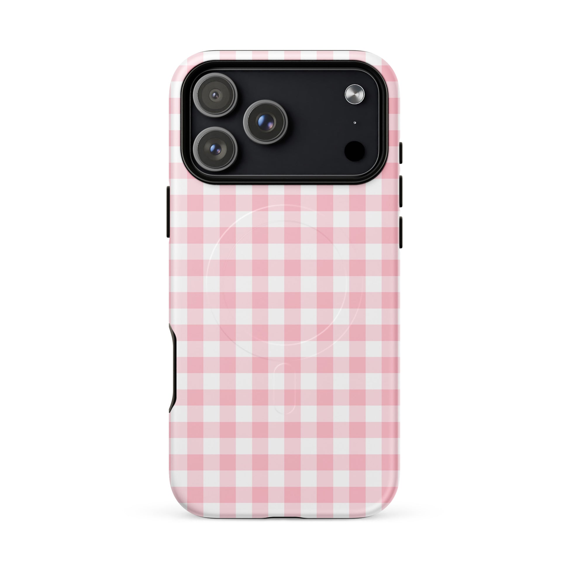 Magnetic Phone Case with pink gingham pattern for iPhone, combines stylish design with superior protection and magnetic functionality.