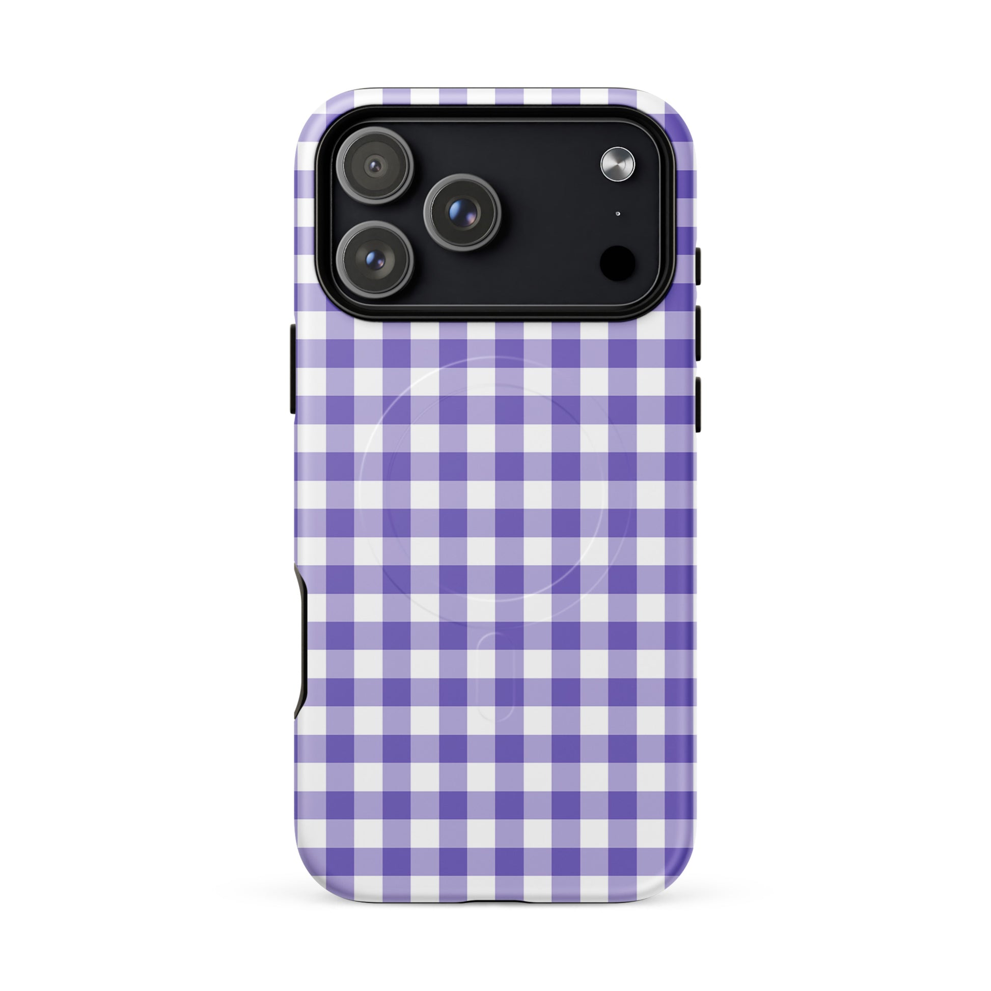 Magnetic Phone Case with purple-and-white gingham pattern for iPhone, stylish and durable accessory.