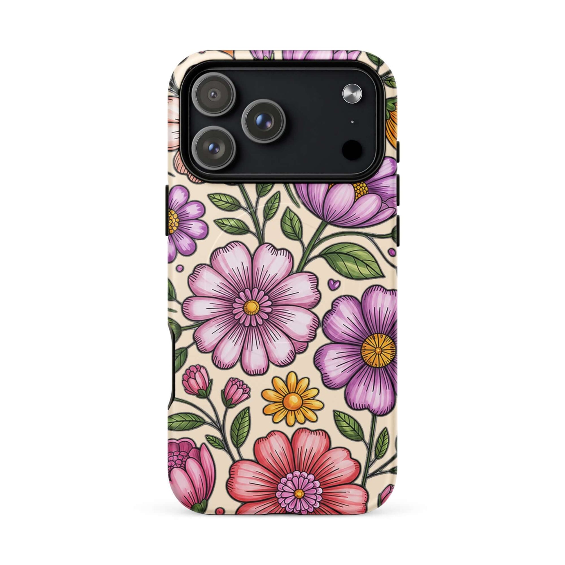 Magnetic Phone Case with pastel floral design, featuring soft pinks and lavenders on a durable polycarbonate shell for stylish protection.