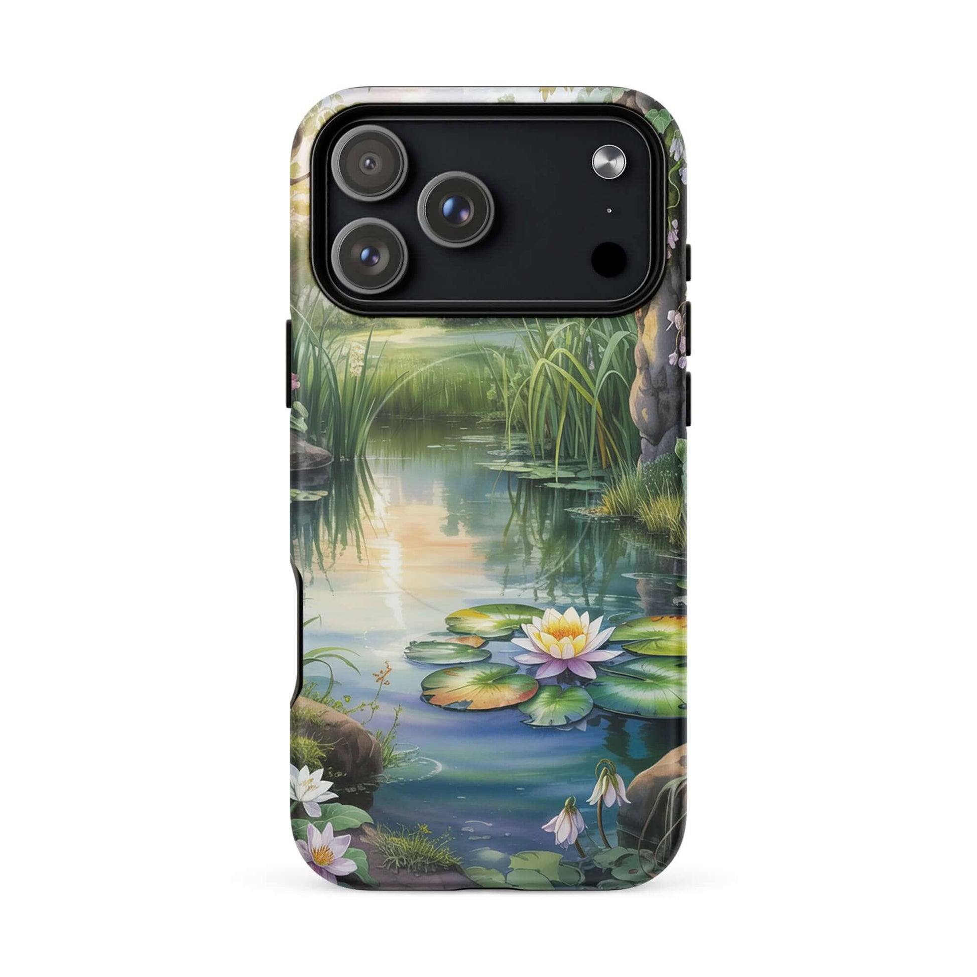 Magnetic Phone Case for iPhone with enchanted pond design, featuring lily pads and lush greenery in sunset light.