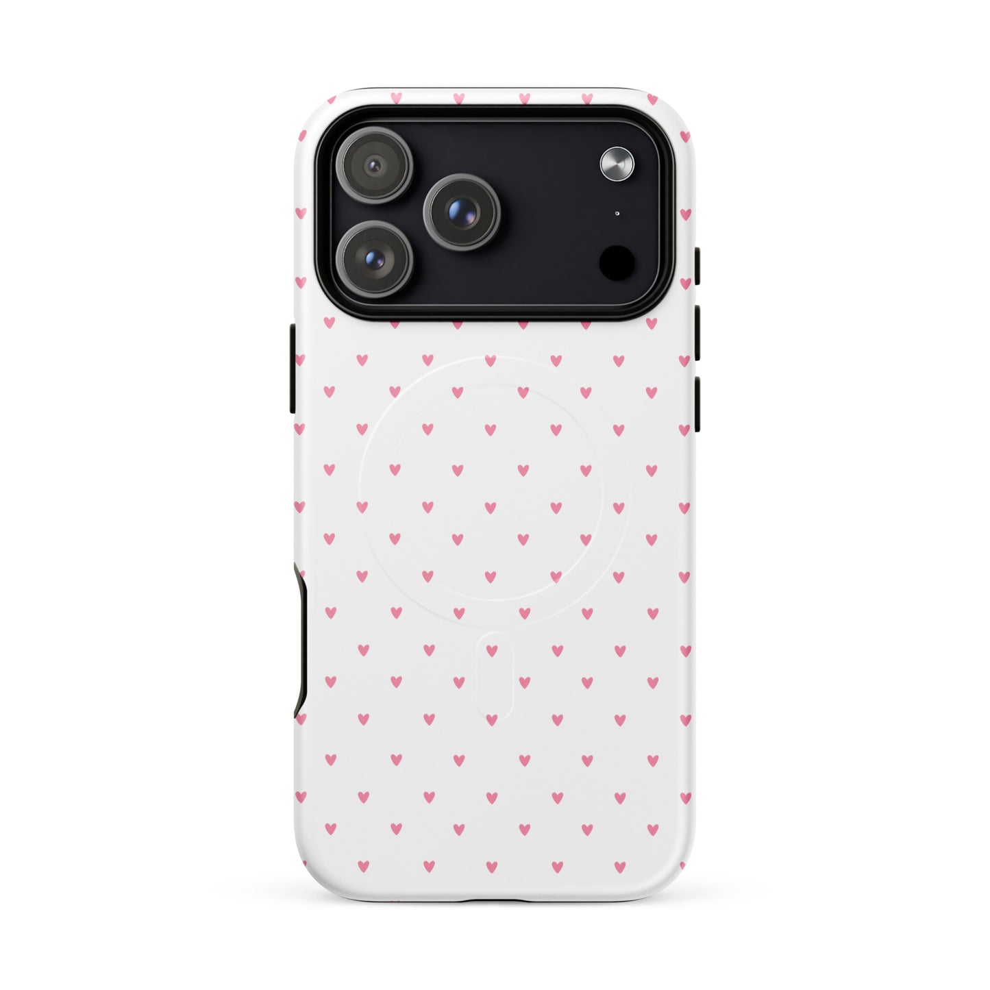 Magnetic Phone Case for iPhone with heart-dot pattern in playful polka-dot style, adorable pink hearts on a white background.