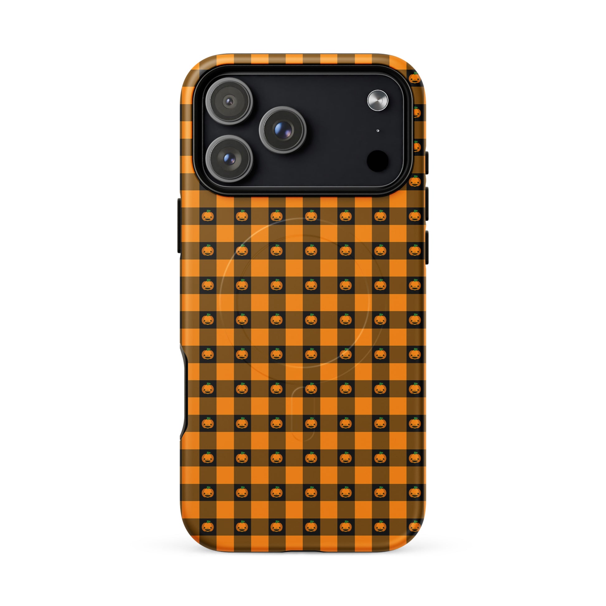 Magnetic Phone Case for iPhone with Halloween pumpkin gingham design, featuring jack-o'-lantern faces, festive and stylish accessory.