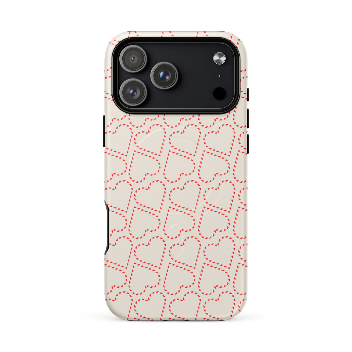 Magnetic Phone Case with holiday candy cane heart pattern for iPhone, featuring festive red and white design perfect for winter celebrations.