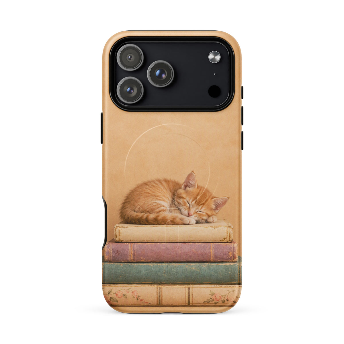 Magnetic Phone Case featuring a sleeping kitten on vintage books with warm, neutral colors.