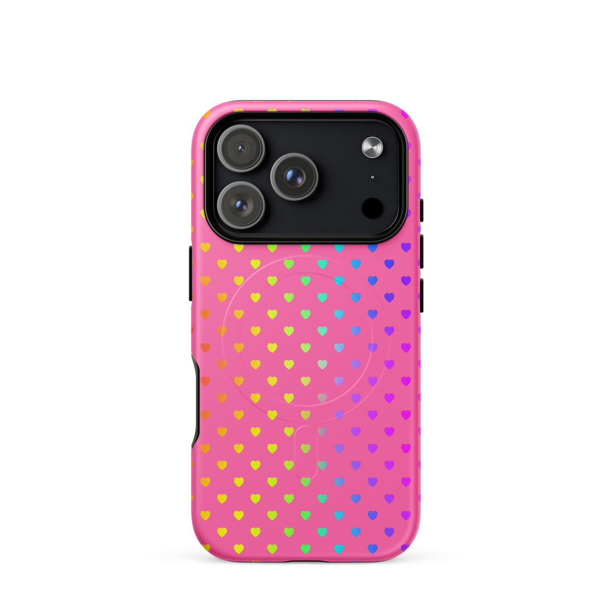 Magnetic Phone Case for iPhone with cute rainbow heart design on pink backdrop, dual-layer protection, vibrant and cheerful.