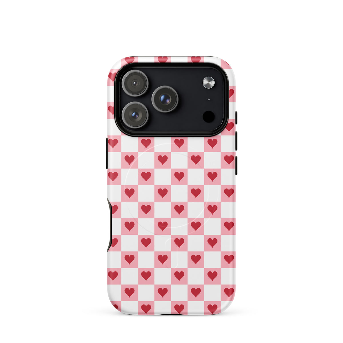 Magnetic Phone Case for iPhone with pink-and-white checkered design and red hearts pattern.