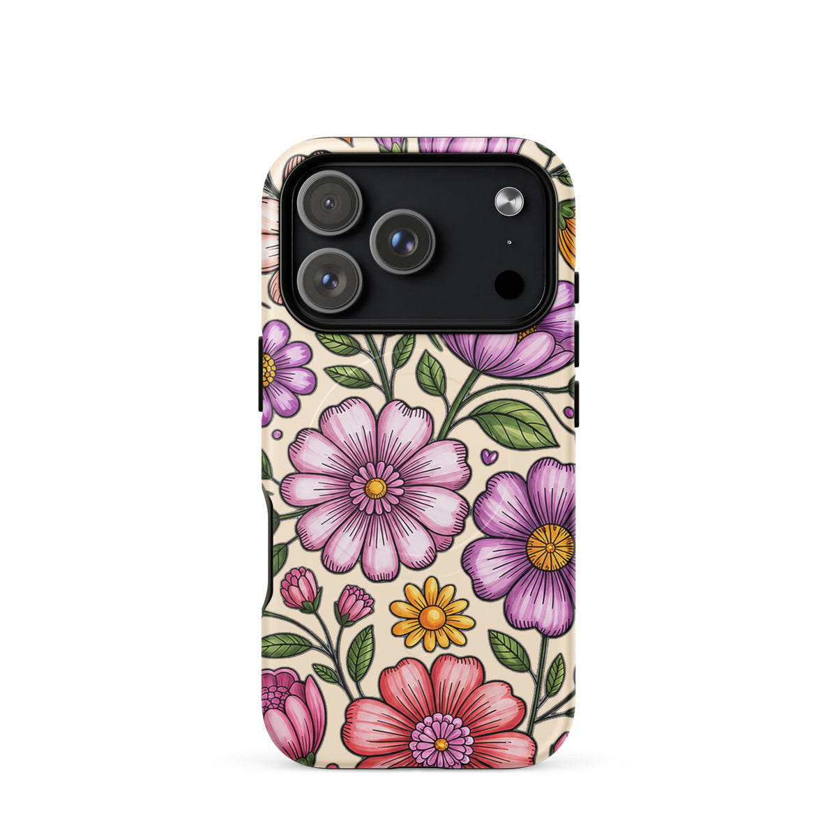 Magnetic Phone Case with pastel floral design in pinks, peaches, lavenders, and yellows on a protective shell.