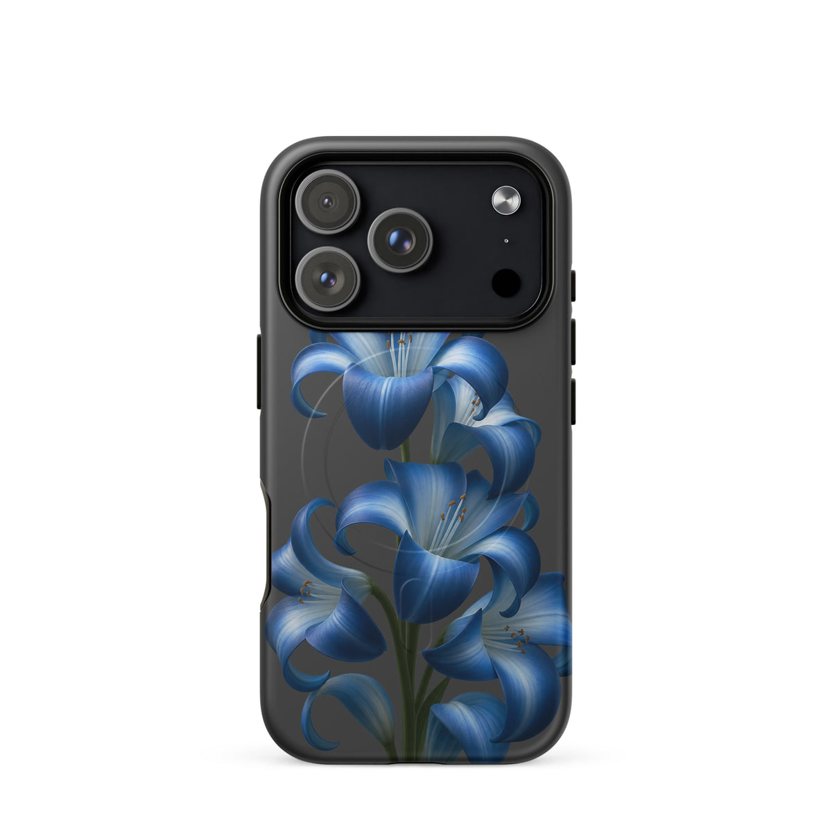 Magnetic Phone Case for iPhone with Blue Lily Bloom Art design, featuring vibrant blue lilies on a sleek black background for stylish protection.