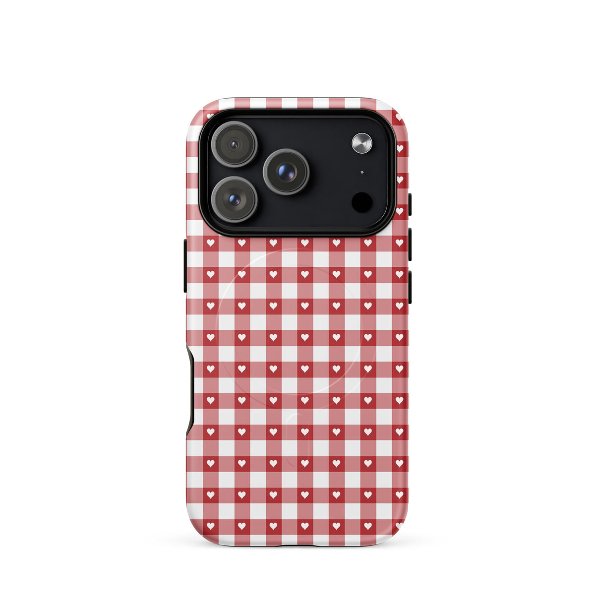 Magnetic Phone Case with red and white gingham pattern and white hearts, stylish and durable design for iPhone protection.