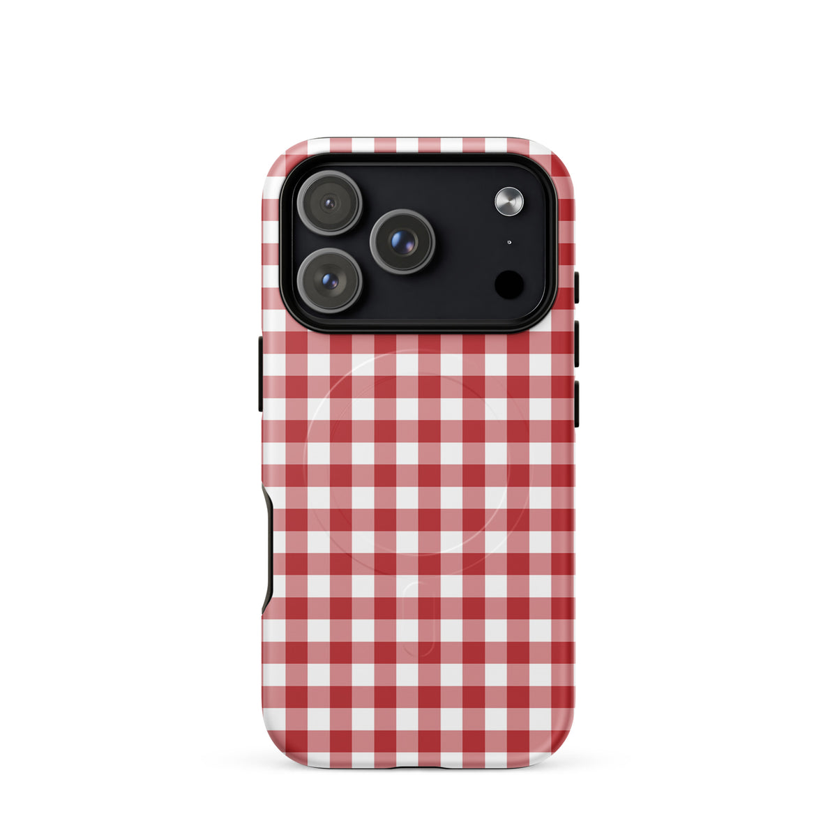 Magnetic Phone Case with red gingham pattern for iPhone, combining style and protection with durable design.