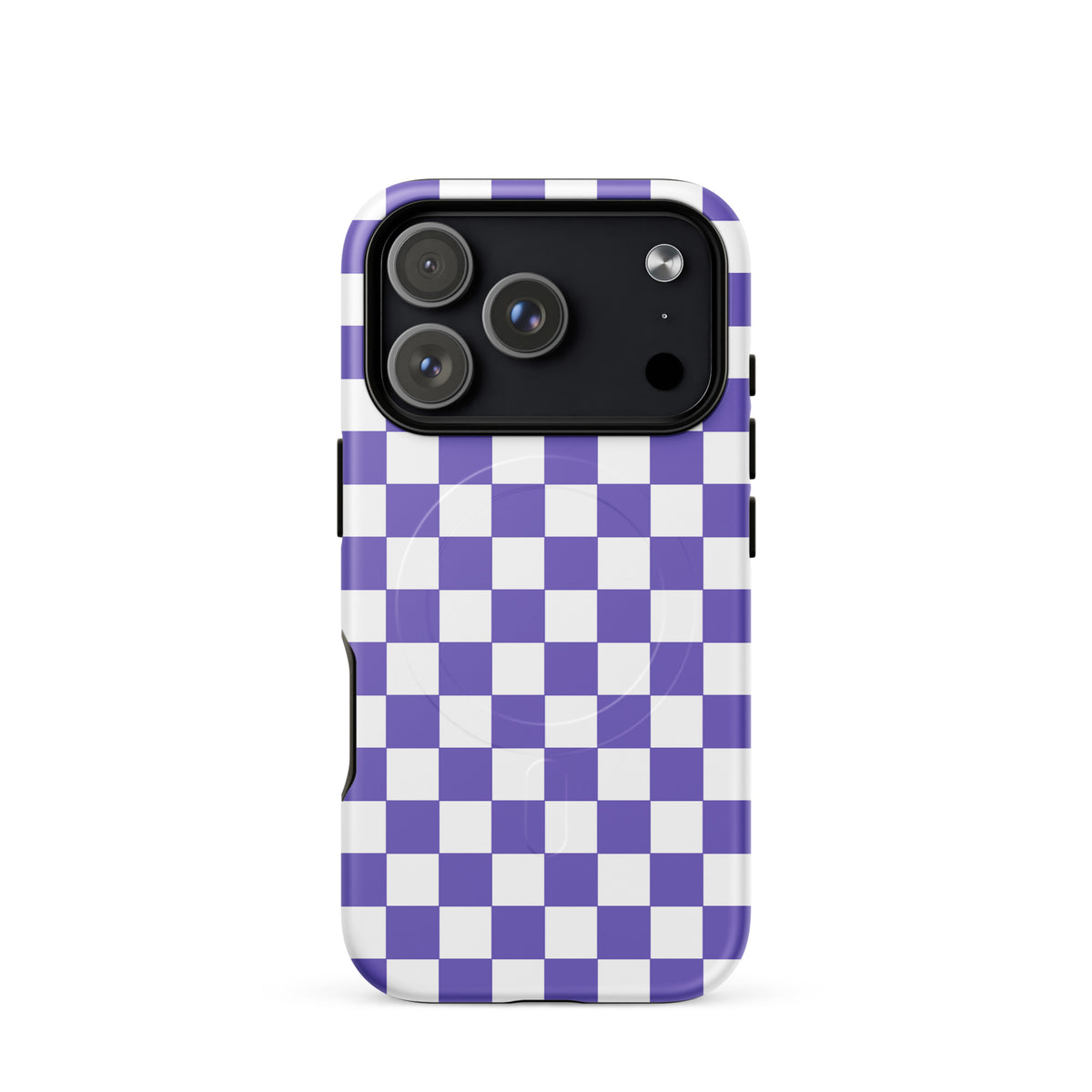 Magnetic Phone Case for iPhone with purple and white checkered design, stylish and fun accessory for selfies and texting.