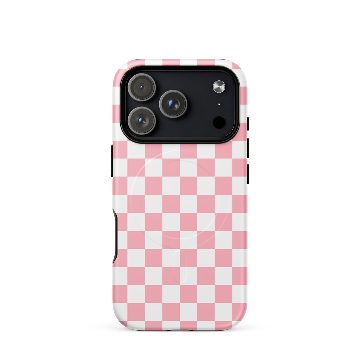 Magnetic Phone Case with playful pink and white checkered design for iPhone, offering style and protection.
