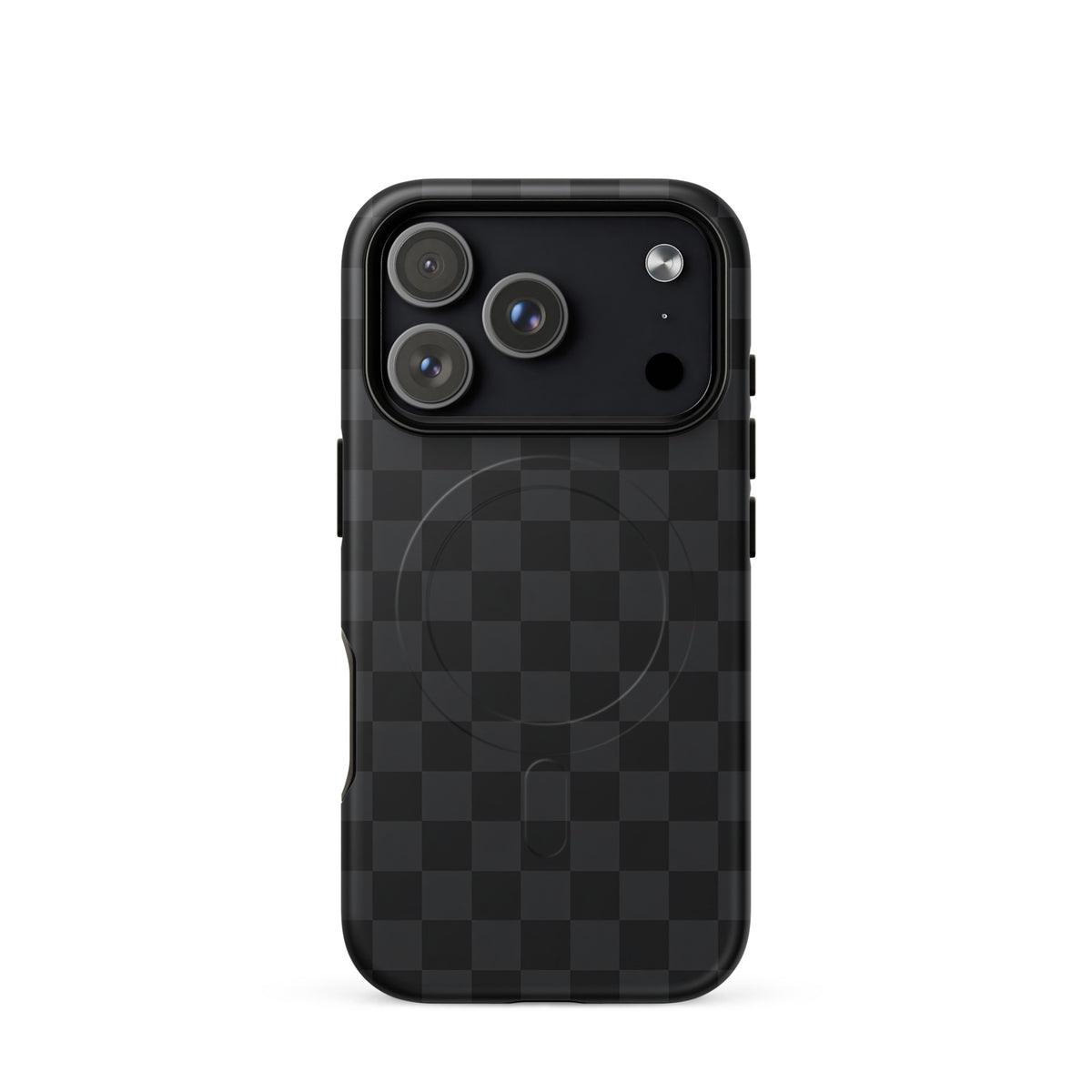 Magnetic Phone Case for iPhone in black and charcoal checkered design, offering sleek, modern style and protection.