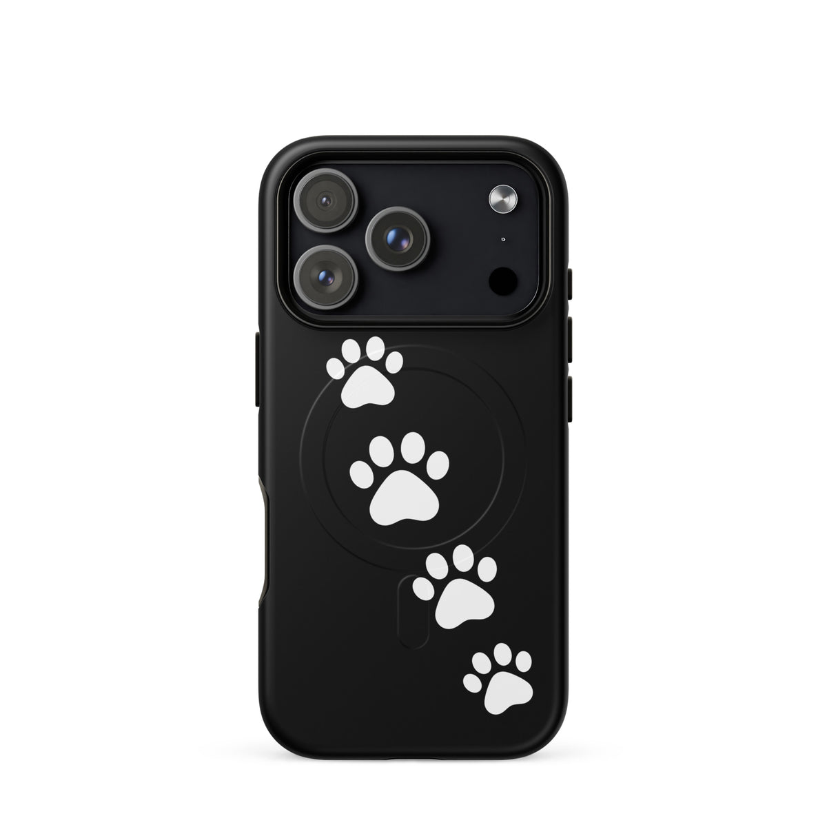 Magnetic Phone Case for iPhone with paw-print trail design, sleek black case for pet lovers.
