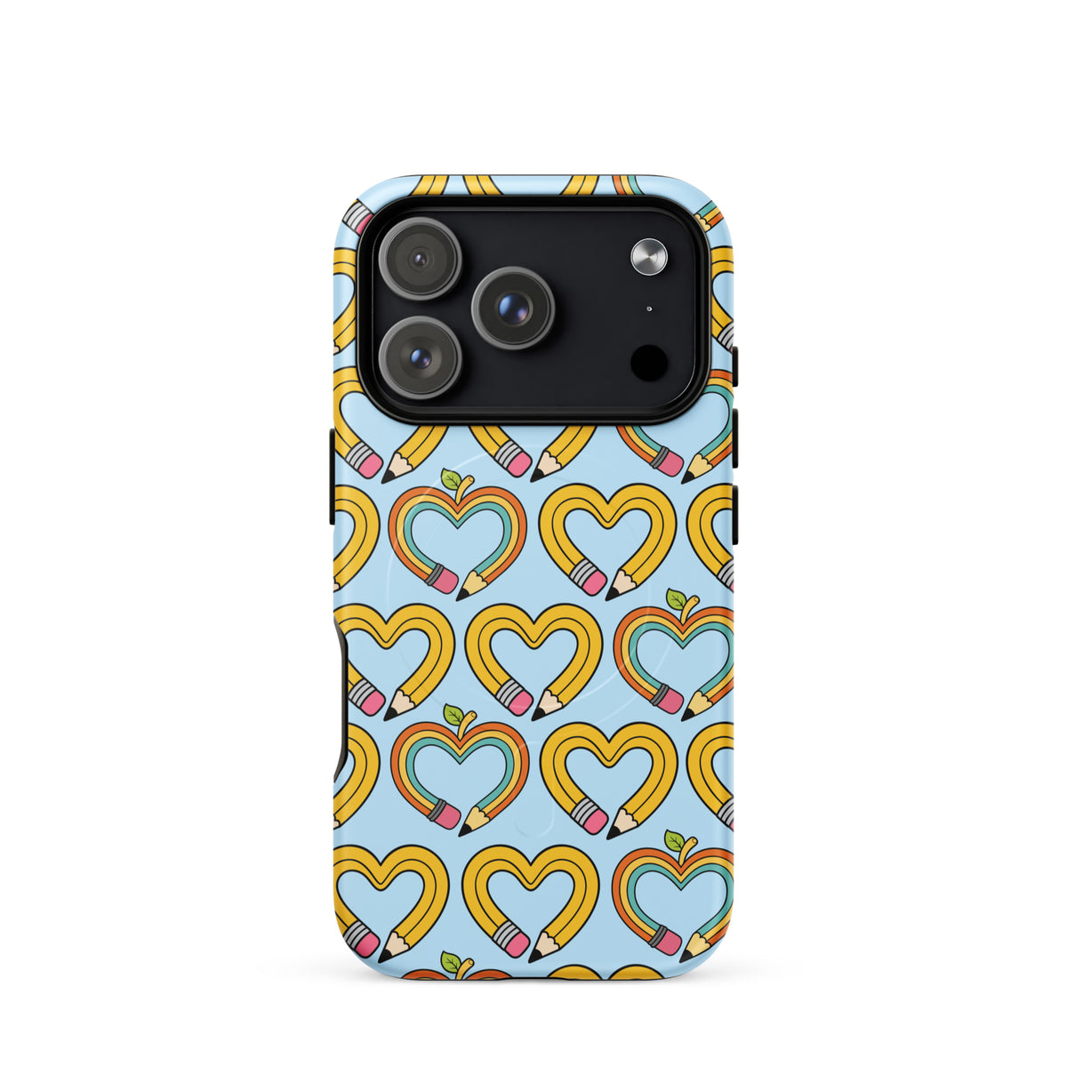 Magnetic Phone Case for iPhone with playful pencil-heart pattern, featuring pencil-shaped hearts with green leaves on a light blue background.
