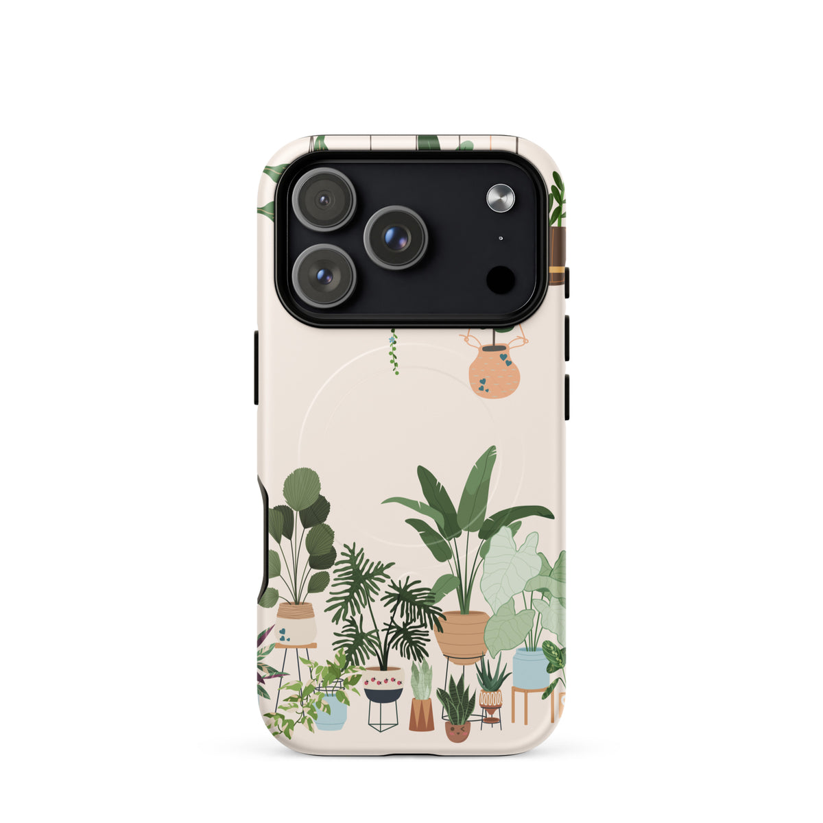 Magnetic Phone Case for iPhone with botanical design and illustrated greenery in hanging planters
