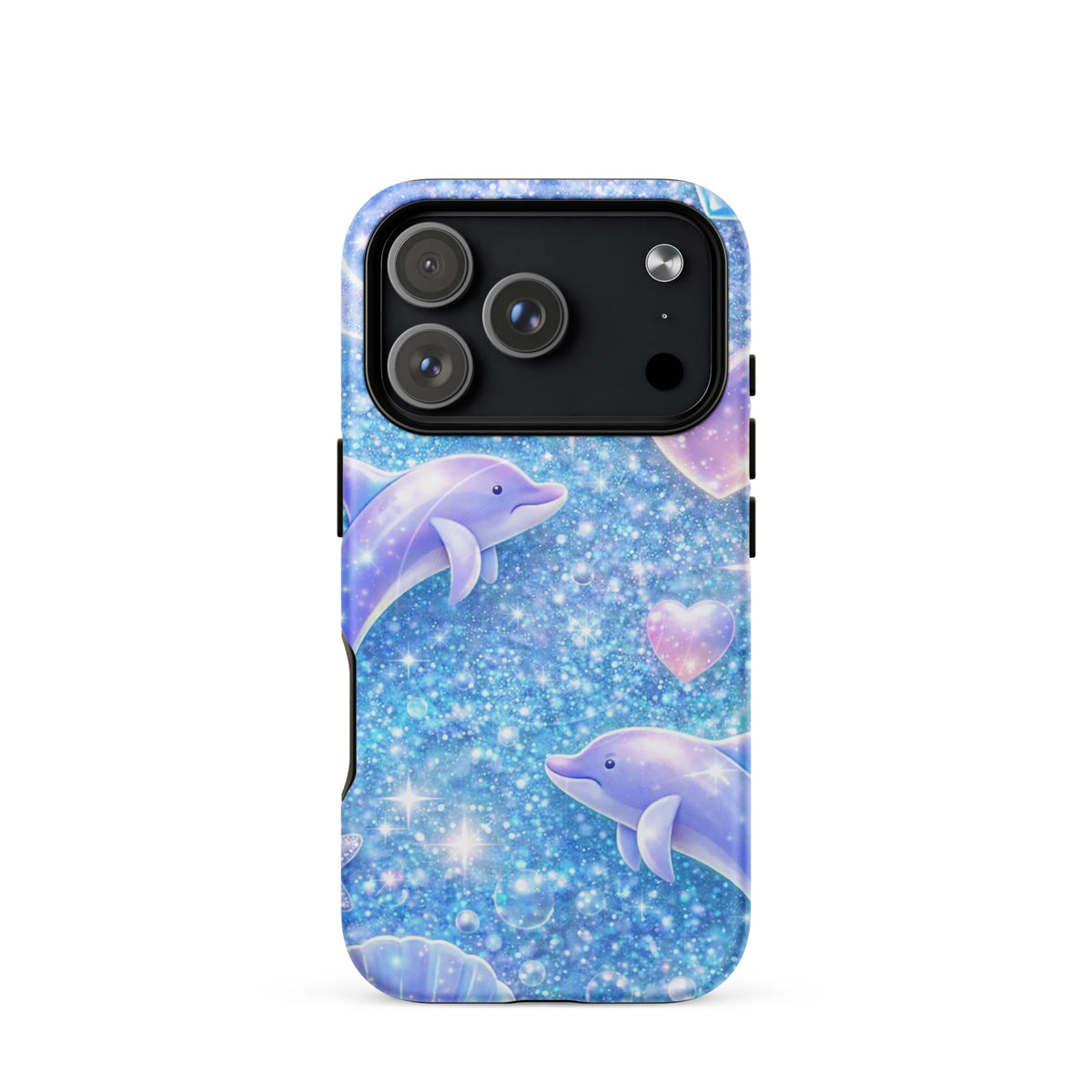 Magnetic Phone Case for iPhone with Ocean Glitter Dolphins, featuring shimmering liquid glitter and pastel celestial accents.