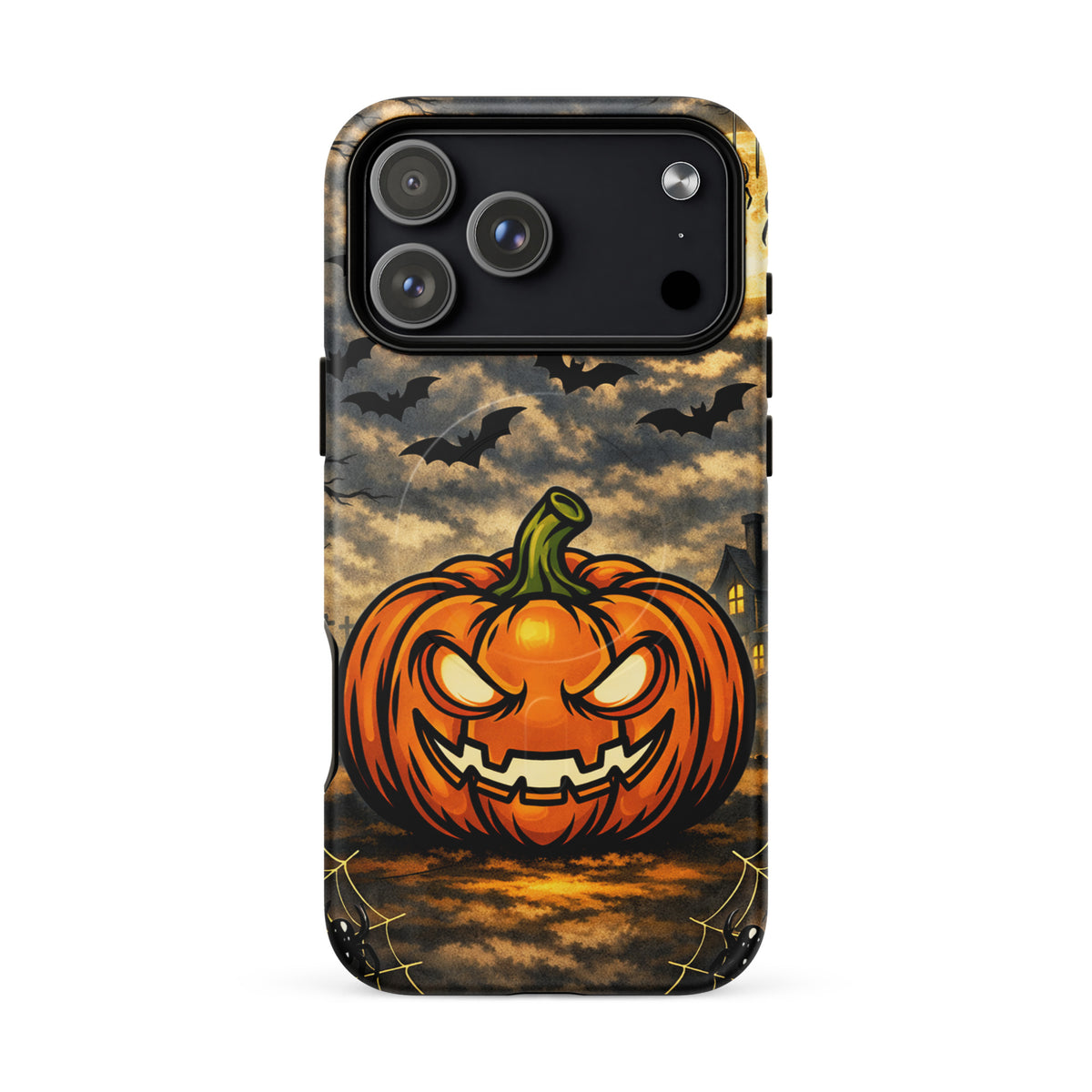 Magnetic Phone Case featuring a haunted pumpkin, moonlit clouds, bats, and spooky house for Halloween spirit.