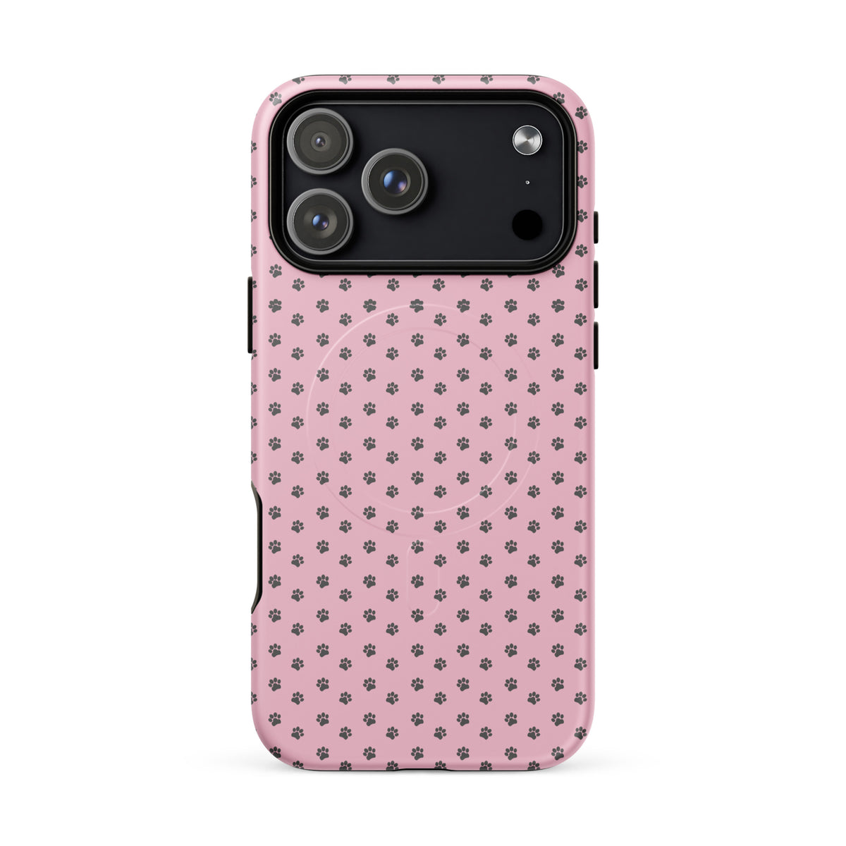 Magnetic Phone Case with gray paw print design on pink background for iPhone, offering playful protection.