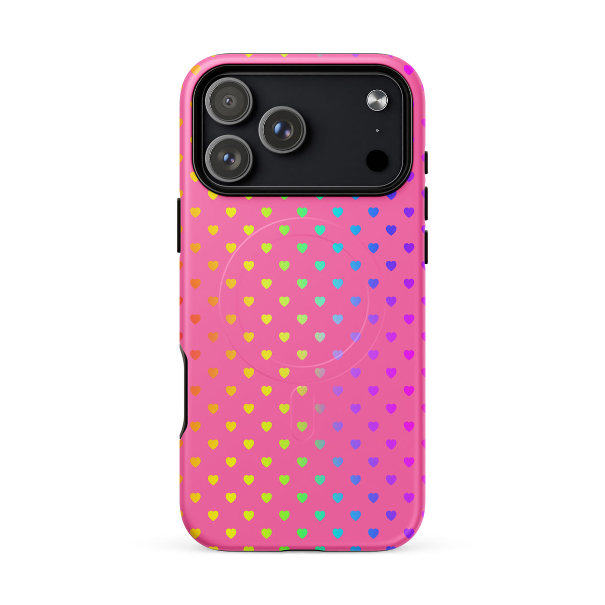 Magnetic Phone Case for iPhone with cute rainbow hearts on pink background, protective and playful design (xx109).