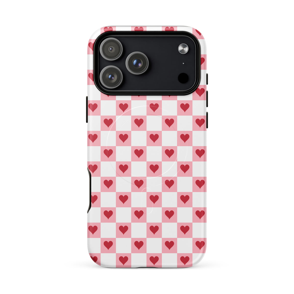 Magnetic Phone Case with pink-and-white checkered design and red hearts for iPhone