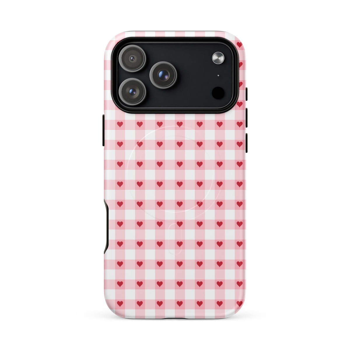 Magnetic Phone Case for iPhone with pink-and-white gingham heart pattern displaying style and durability.