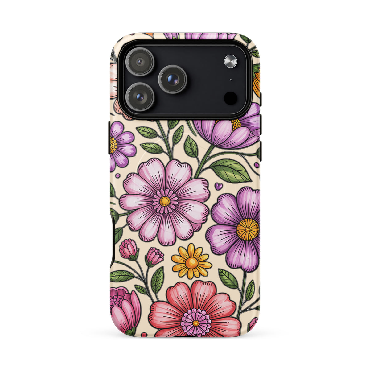 Magnetic Phone Case with pastel floral design featuring pink, peach, lavender, and yellow flowers, dual-layer protection.
