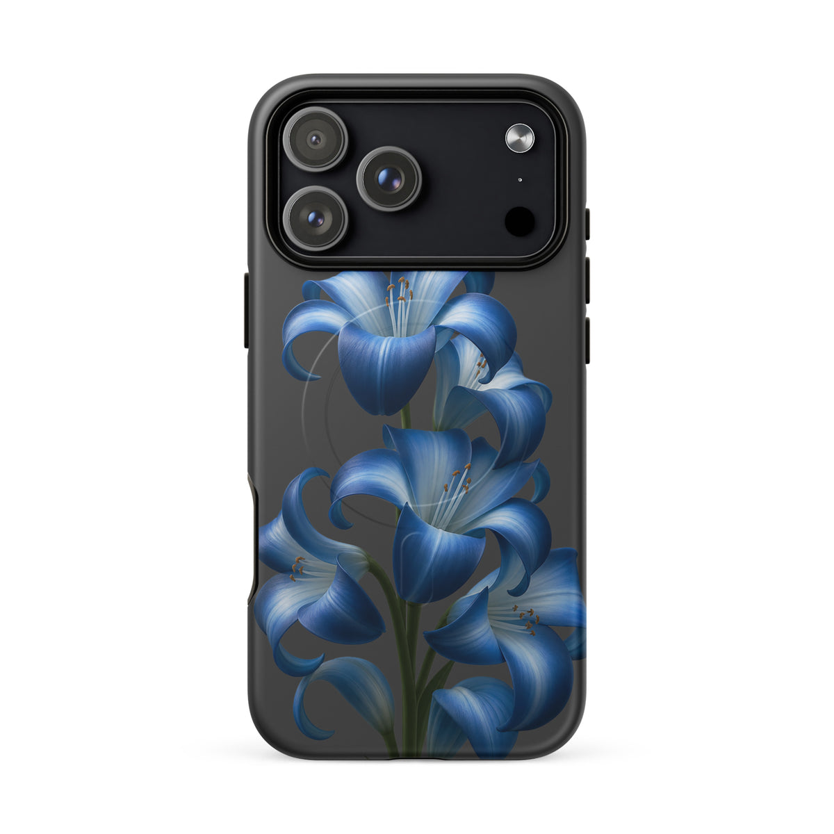 Magnetic Phone Case with Blue Lily Bloom Art for iPhone on dark backdrop, stylish and protective design, premium dual-layer build.