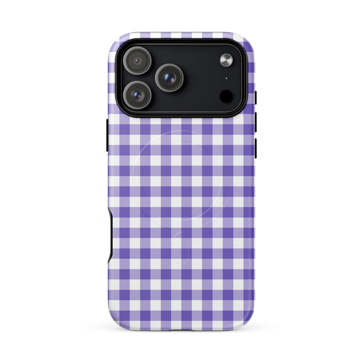 Magnetic Phone Case in purple and white gingham pattern for iPhone, offering style and protection.