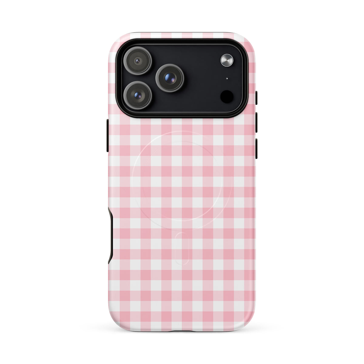 Magnetic Phone Case for iPhone with pink and white gingham pattern, offering style and protection.
